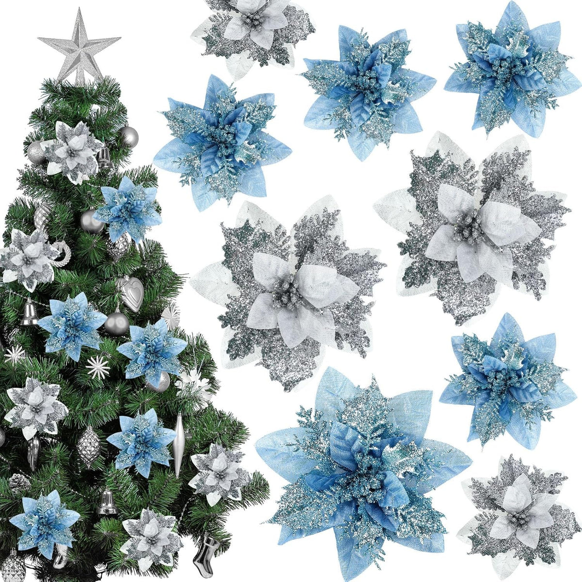 30 Pcs Poinsettia Christmas Artificial Glitter Flower Xmas Flower Poinsettia For Xmas Christmas Tree Craft Decor(Light Blue, Silver)