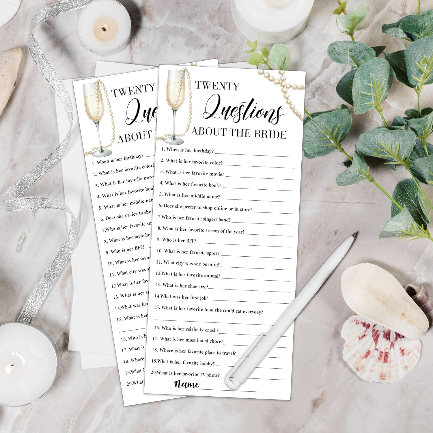 Wedding Shower Games Cards, Twenty Questions About The Bride, 25 Pcs Pearls And Champagne Bridal Wedding Activities Game Cards For Guests, Engagement Bridal Shower Party Decorations, 4X9 Inch-C12