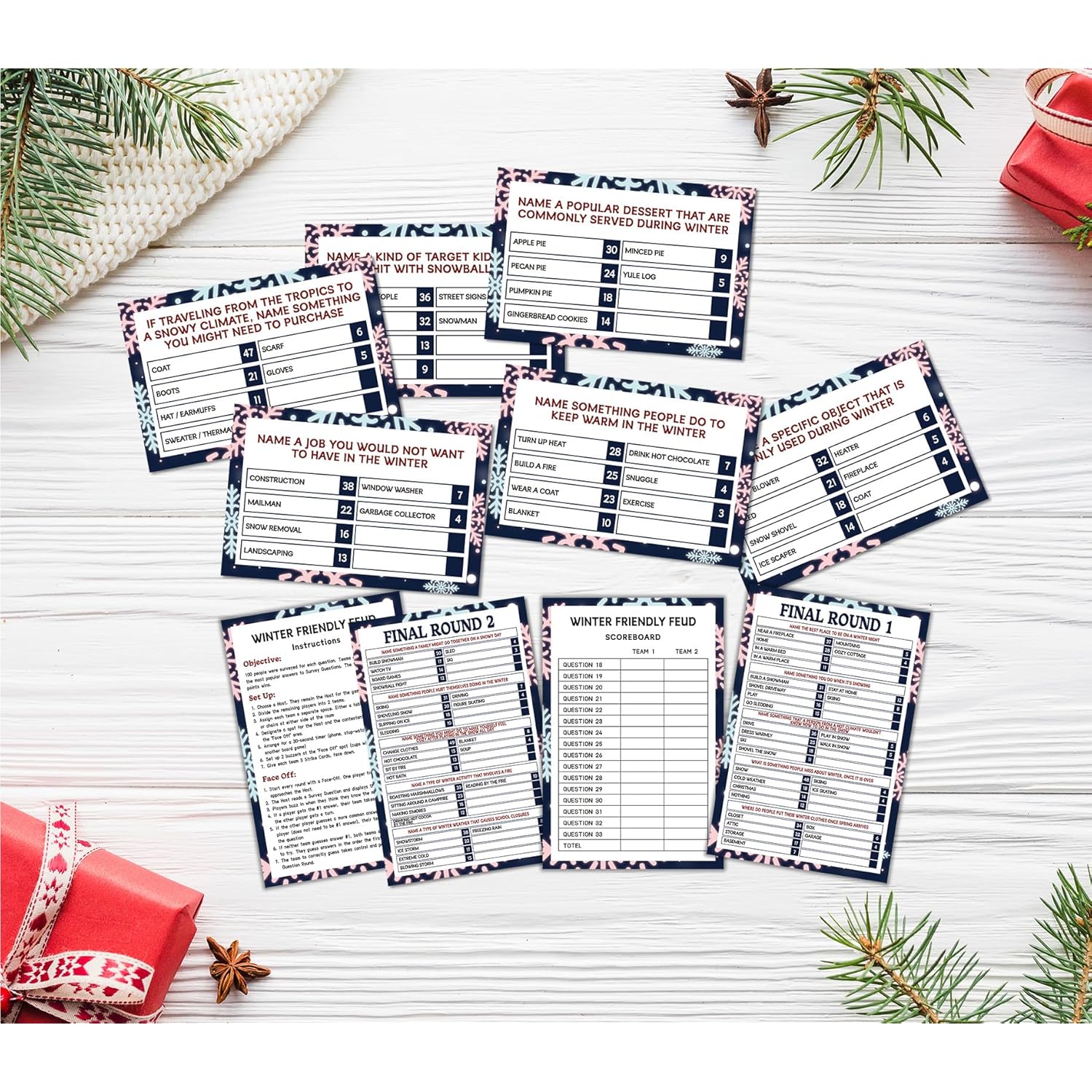 Winter Feud Games For Adults, Christmas Indoor Games Cards For Holiday Parties Family And Friend Gathering, Xmas Trivia Game, Quickly Mastered To Build Relationships, 1 Pack(B02)