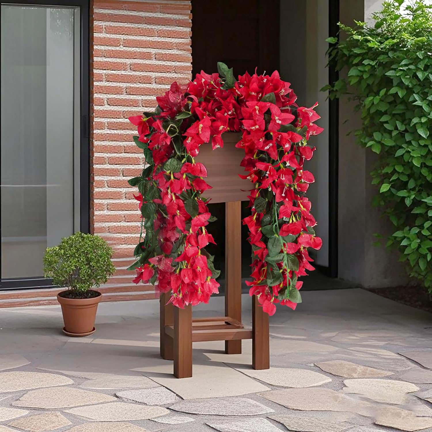 Bougainvillea Artificial Flowers Outdoor Decor – 2Pcs Faux Silk Vines, Uv Resistant Bougainvillea Hanging Garland For Front Porch, Balcony, Planter, Summer Decorations, Red