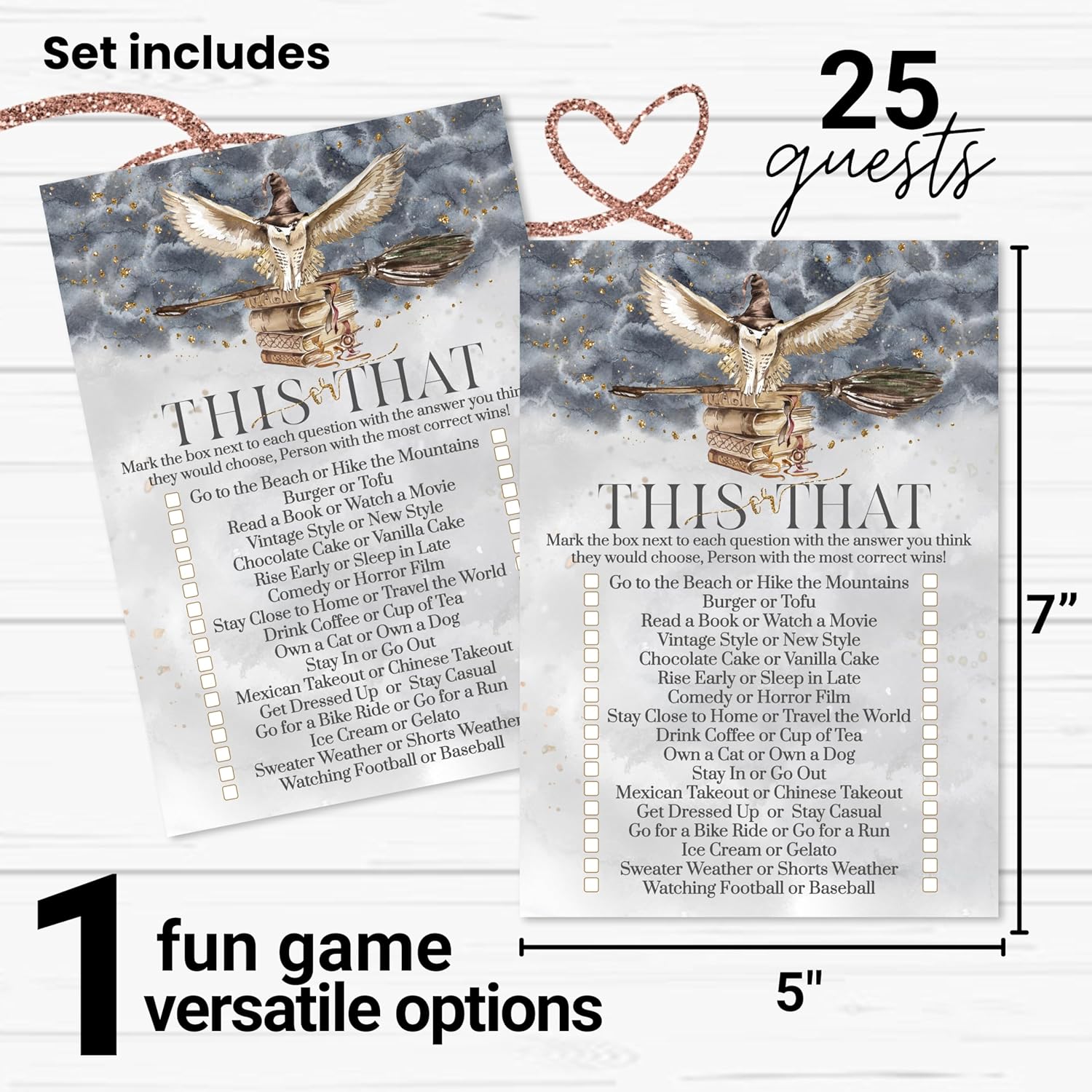 Magic Owl Bridal Shower Games - This Or That Game - 25 Card Pack - Fun For Graduation Parties, Rehearsal Dinners & Birthdays - Black & Gold Halloween Wizard Or Witch Design