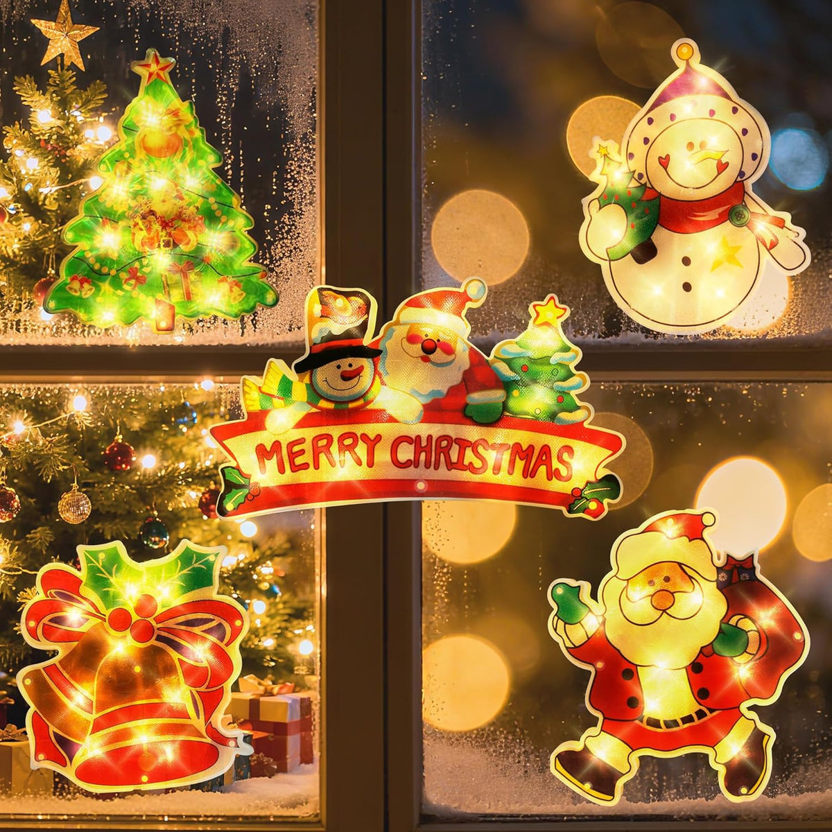5Pcs Window Christmas Decoration Lights, Battery Operated With Suction Cup Hook Hanging