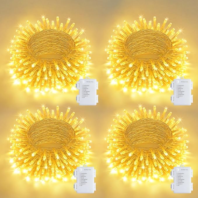 4 Pack 50 LED Battery Operated String Lights 16.5FT Warm White Waterproof with Timer