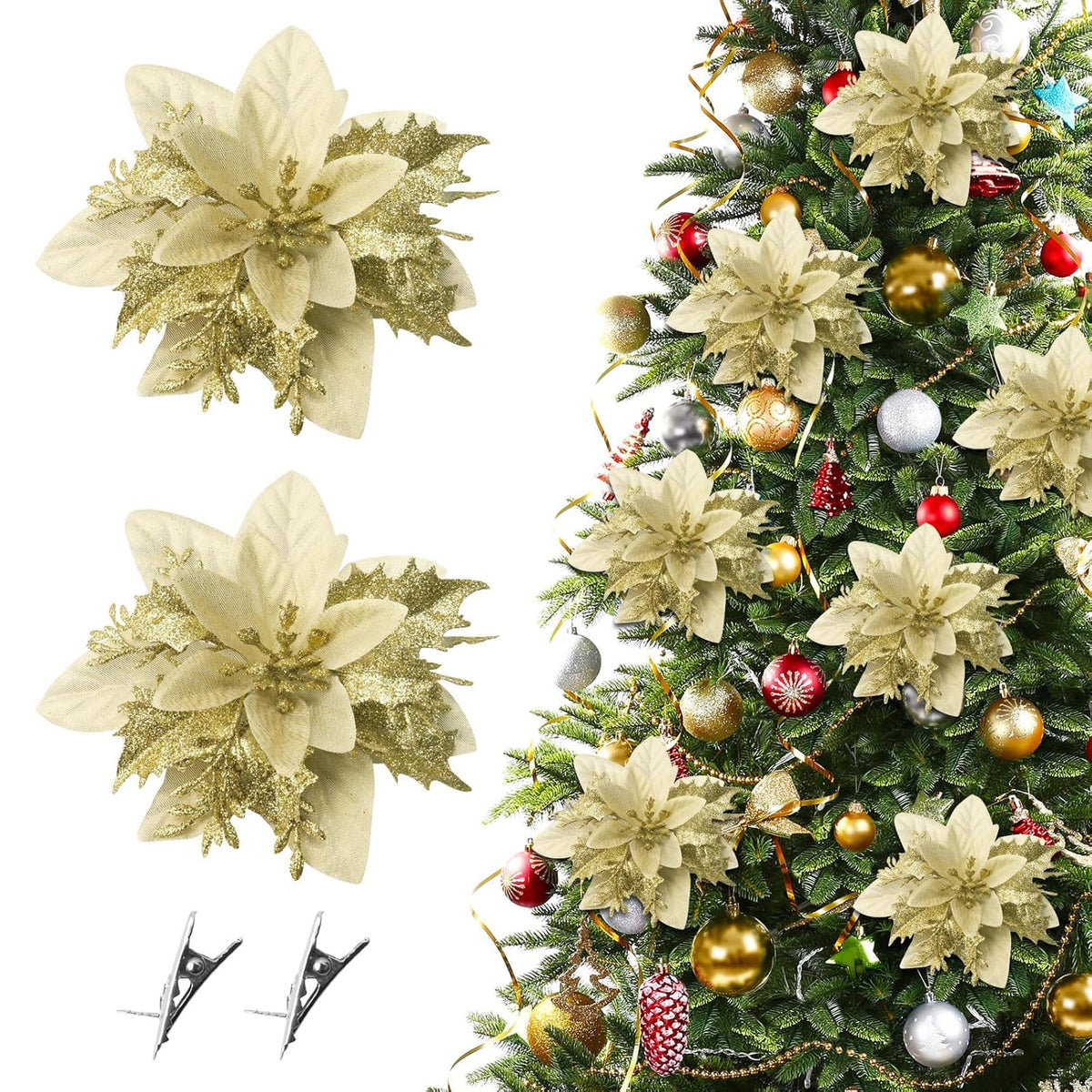 28Pcs Gold Poinsettia Flowers For Christmas Tree,Christmas Flowers Glitter Poinsettia Artificial Flowers Ornaments Christmas Tree Flower Decor With Clips For Xmas Tree Wreath Fireplace Stairs Decor