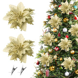 28Pcs Gold Poinsettia Flowers For Christmas Tree,Christmas Flowers Glitter Poinsettia Artificial Flowers Ornaments Christmas Tree Flower Decor With Clips For Xmas Tree Wreath Fireplace Stairs Decor