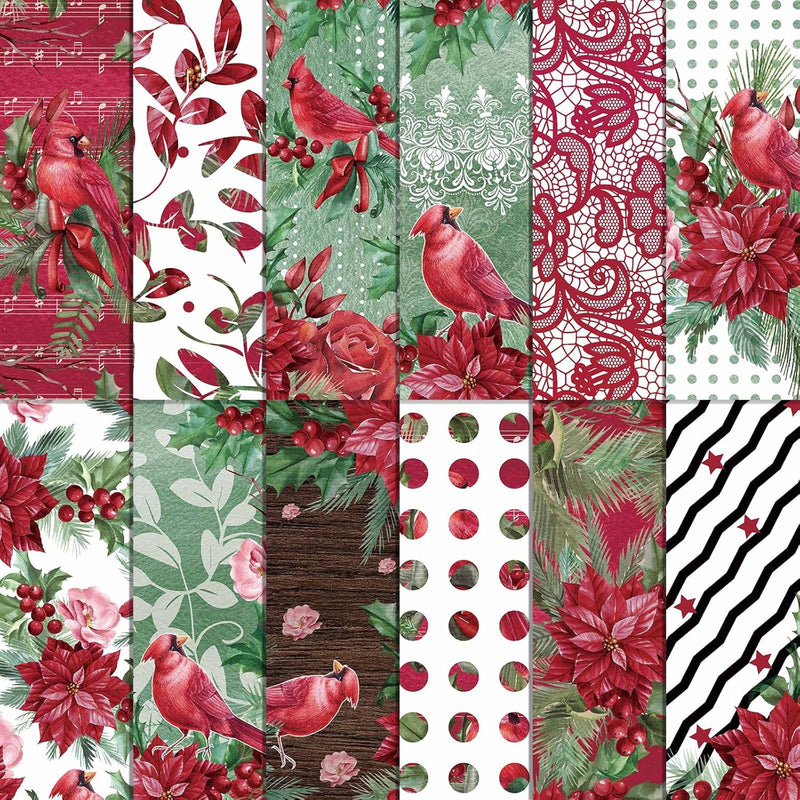 24 Sheets 12'' × 12'' Christmas Scrapbook Paper, Watercolor Poinsettia Berry B