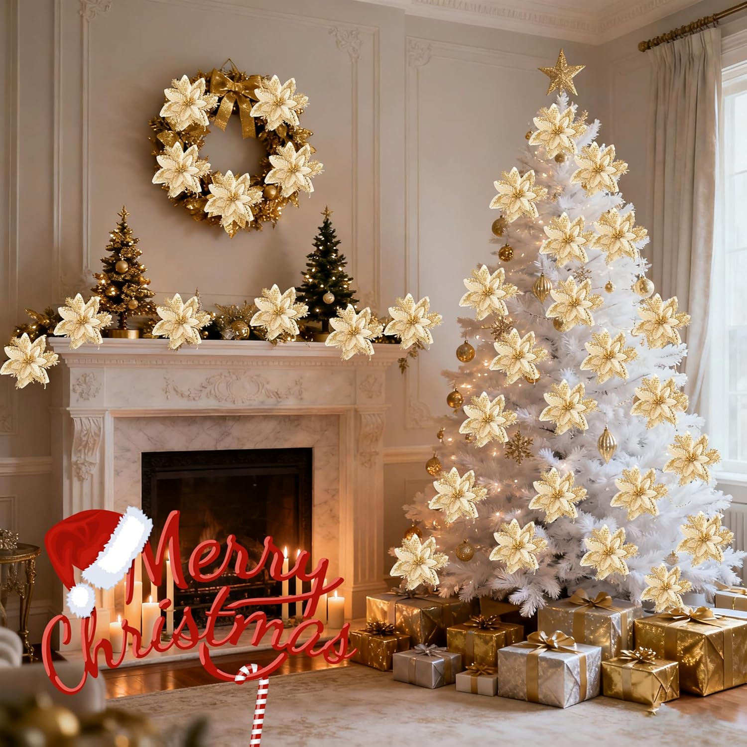 24 Pcs Christmas Artificial Poinsettia Flowers, 5.9" Glitter Artificial Christmas Flowers With Clips For Christmas Tree Diy Wreath Party New Year Decor (Gold)