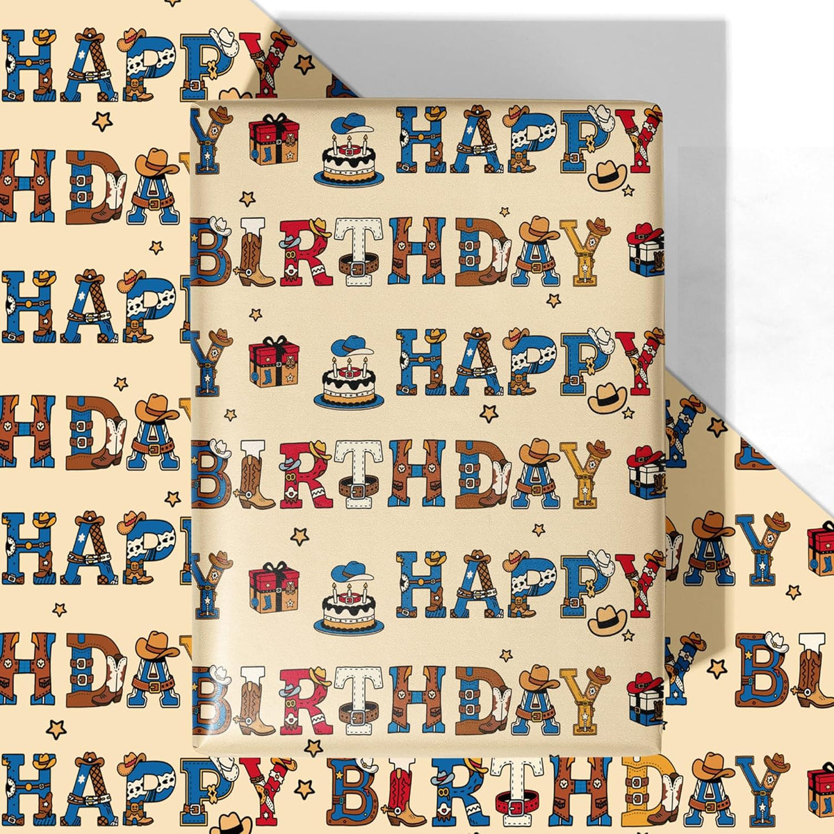 Cowboy Birthday Wrapping Paper - 4 Jumbo Sheets, 28 * 40 Inches - Western Farm Gift Wrap With Cowboys Hat Boots Cake, And Happy Birthday, Perfect For Kids Boys Girls Birthday, Baby Showers