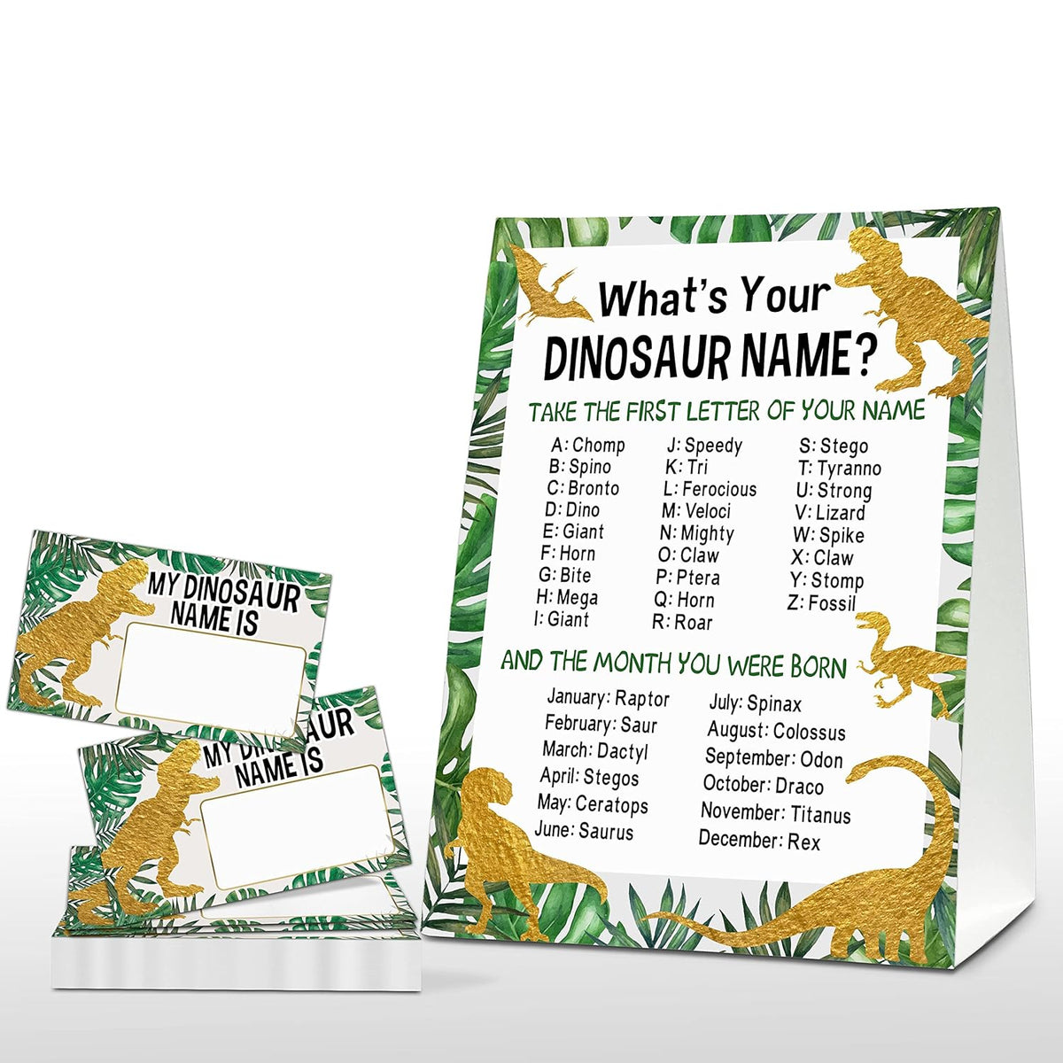 What'S Your Dinosaur Name Game - Gold Jungle Birthday Party Games For Boys - Family School Classroom Activity - 1 Standing Sign And 30 Stickers - Kids Dino Party Supplies Decorations(03)