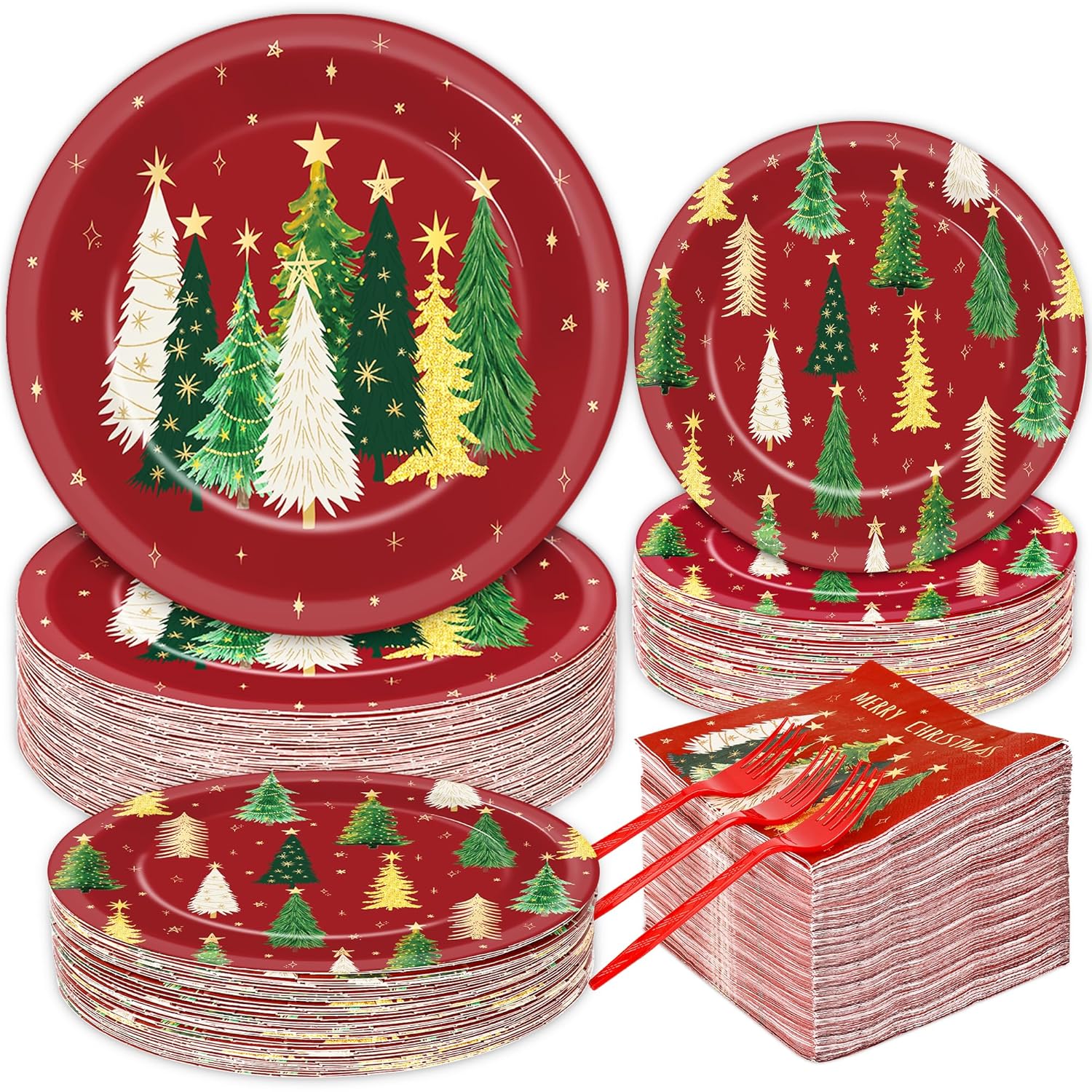 200Pcs Merry Christmas Plates And Napkins Red Green Tableware Set Xmas Trees Dinnerware Farmhouse Disposable Forks Paper Plates Napkins For Christmas Holiday Home Party Favor Supplies, 50 Guests