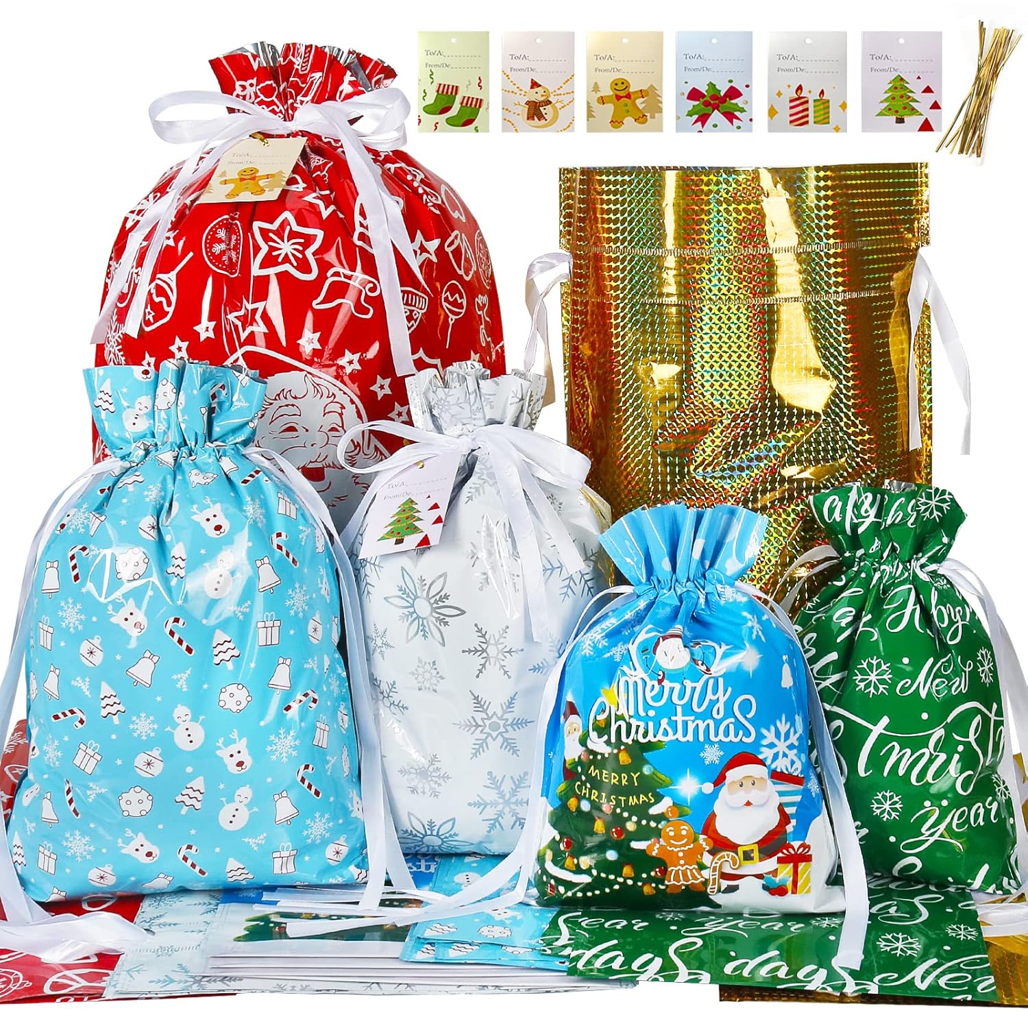 Christmas Drawstring Gift Bags Assorted Sizes,30Pcs Wrapping Bags Christmas Gift Sacks Xmas Goodie Bags For Birthday Holiday Party Favor