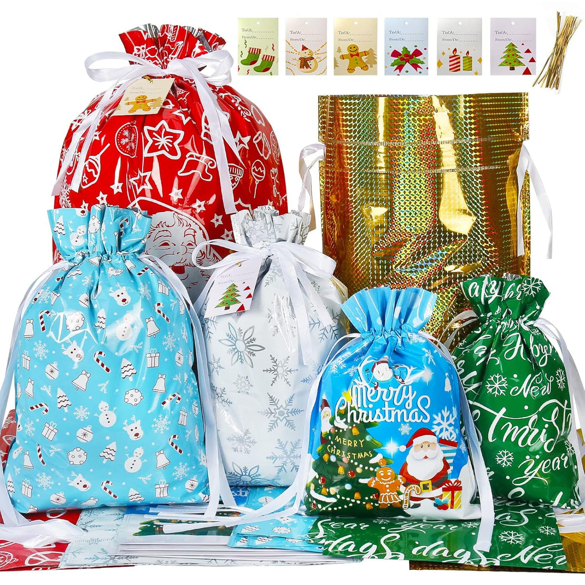 Christmas Drawstring Gift Bags Assorted Sizes,30Pcs Wrapping Bags Christmas Gift Sacks Xmas Goodie Bags For Birthday Holiday Party Favor