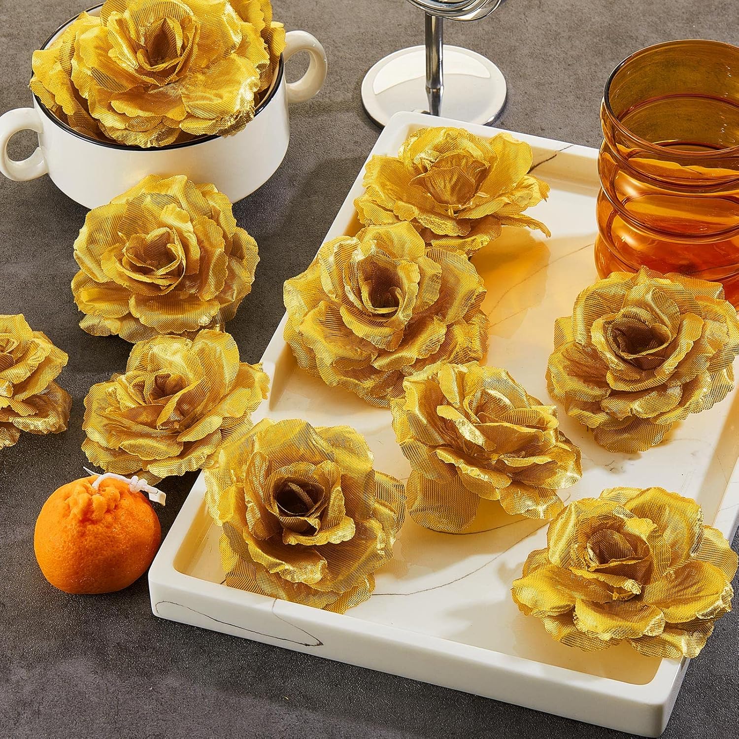 100 Pieces Artificial Roses Head Fake Silk Rose 3 Inch Diy Fake Roses Silk Rose Shape Flowers For Valentine Wedding Flower Wall Diy Crafts Bouquet Decoration (Gold)