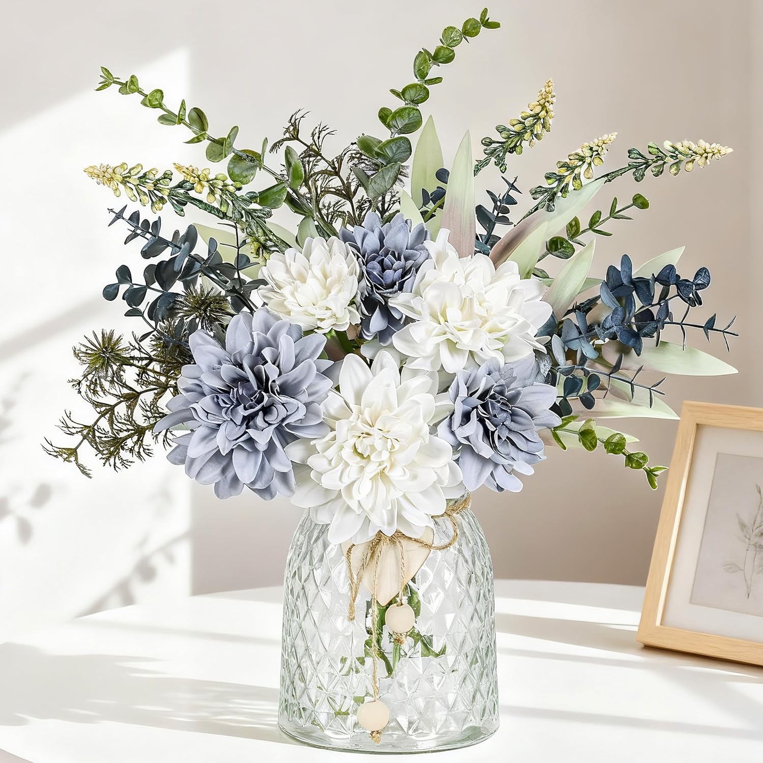 Fake Flowers In Vase Silk Artificial Navy Blue Flowers Arrangements With Glass Vase For Dinning Coffee Table Centerpieces Home Kitchen Farmhouse Wedding Decor