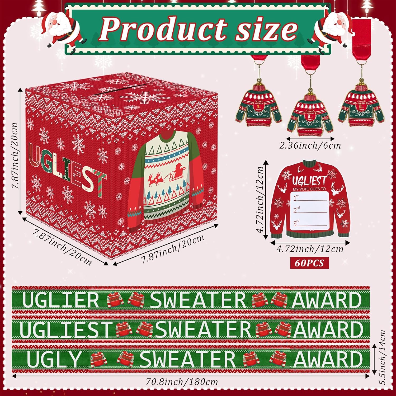 67 Pcs Xmas Ugly Sweater Game Sets With Ugly Sweater Contest Voting Box 60 Ballot Cards 3 Award Sashes And 3 Medals For Xmas Party Game Decorations Holiday Party Supplies