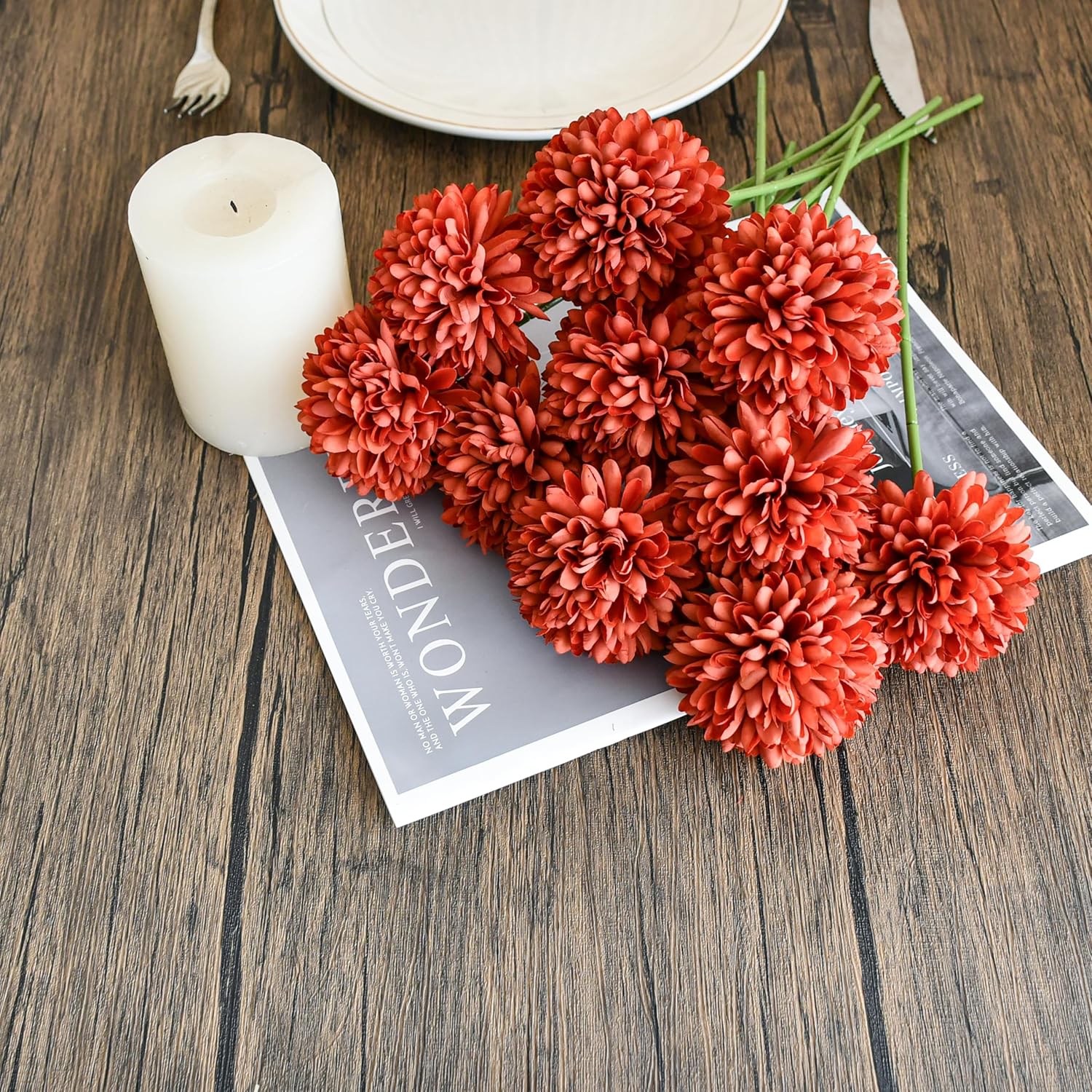 Burnt Orange Artificial Ball Chrysanthemum 12 Stems Faux Flowers With Bendable Stems For Valentine'S Day And New Year Decorations Diy Wedding Centerpiece Fall Decor Home Arrangements