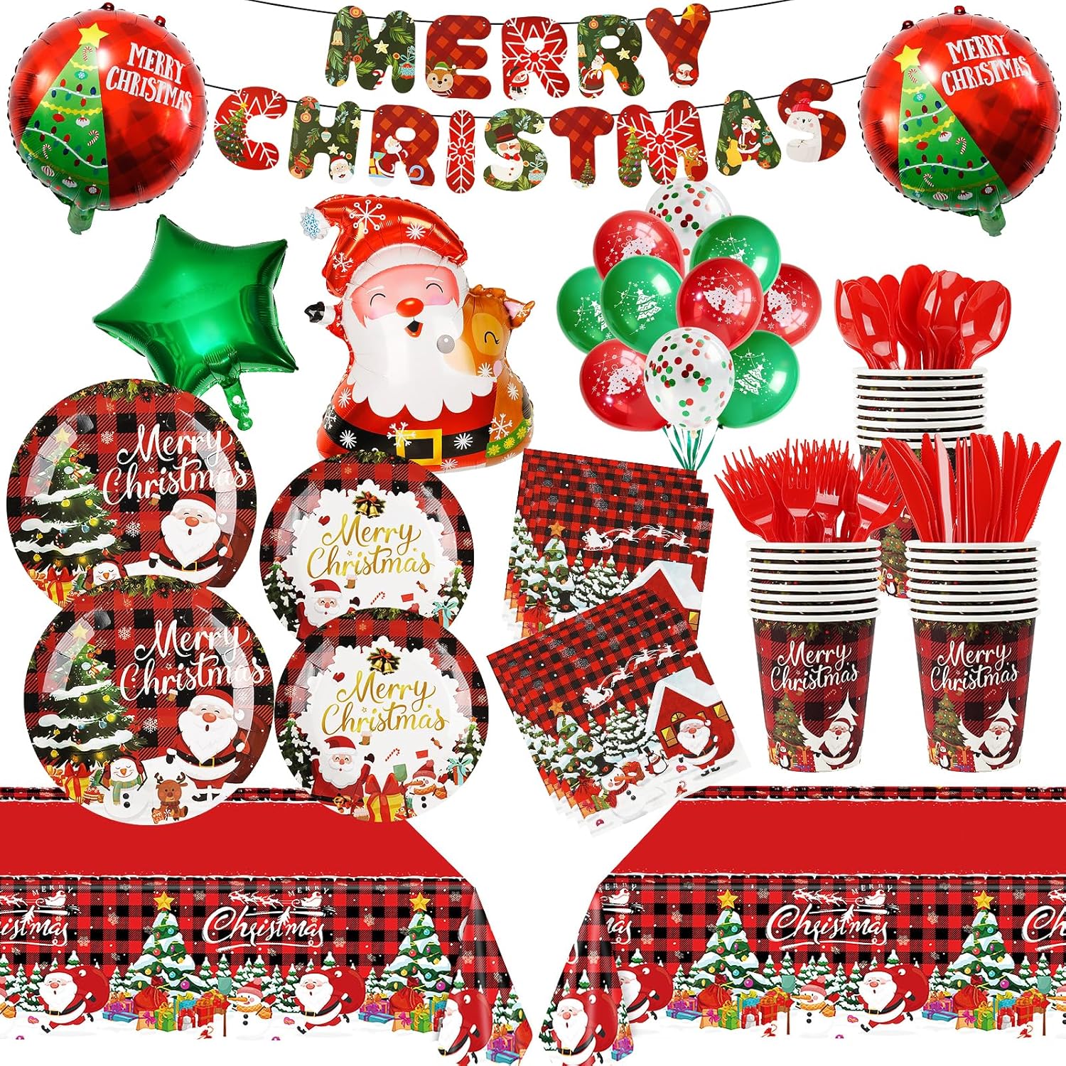 185 Pcs Christmas Party Decorations Christmas Party Supplies Tableware Set Serves 24, With Plates Napkins Cups Fork Knives Spoon Tablecloth Banner Balloons For Xmas Holiday Party Decorations