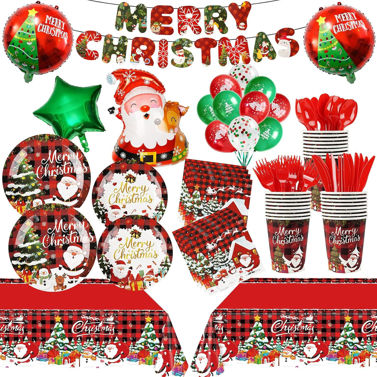 185 Pcs Christmas Party Decorations Christmas Party Supplies Tableware Set Serves 24, With Plates Napkins Cups Fork Knives Spoon Tablecloth Banner Balloons For Xmas Holiday Party Decorations