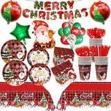 185 Pcs Christmas Party Decorations Christmas Party Supplies Tableware Set Serves 24, With Plates Napkins Cups Fork Knives Spoon Tablecloth Banner Balloons For Xmas Holiday Party Decorations