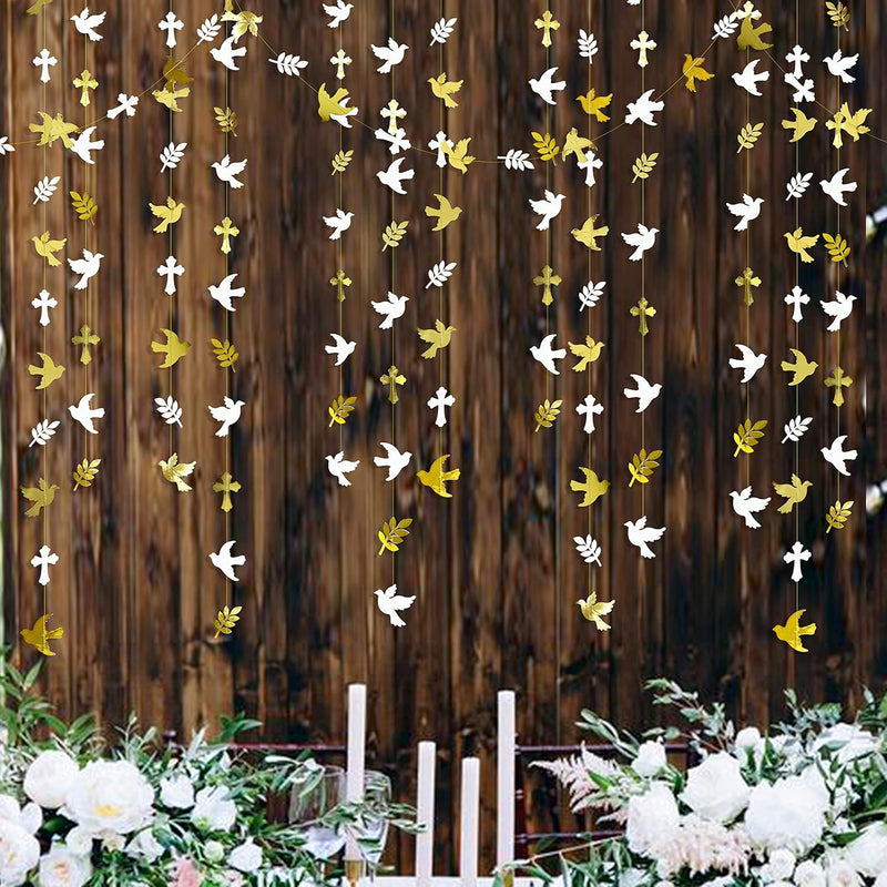 40Ft Gold And White Peace Doves Olive Leaf Cross Paper Garland Streame