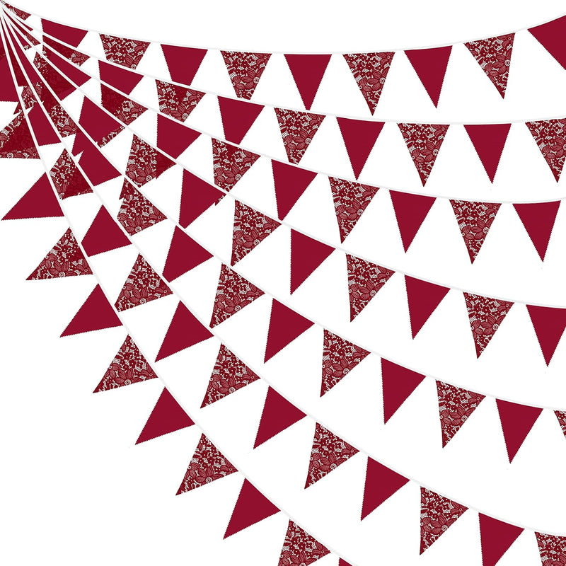 32Ft Burgundy Pennant Banner Red Wine Fabric Triangle Party Lace Flag