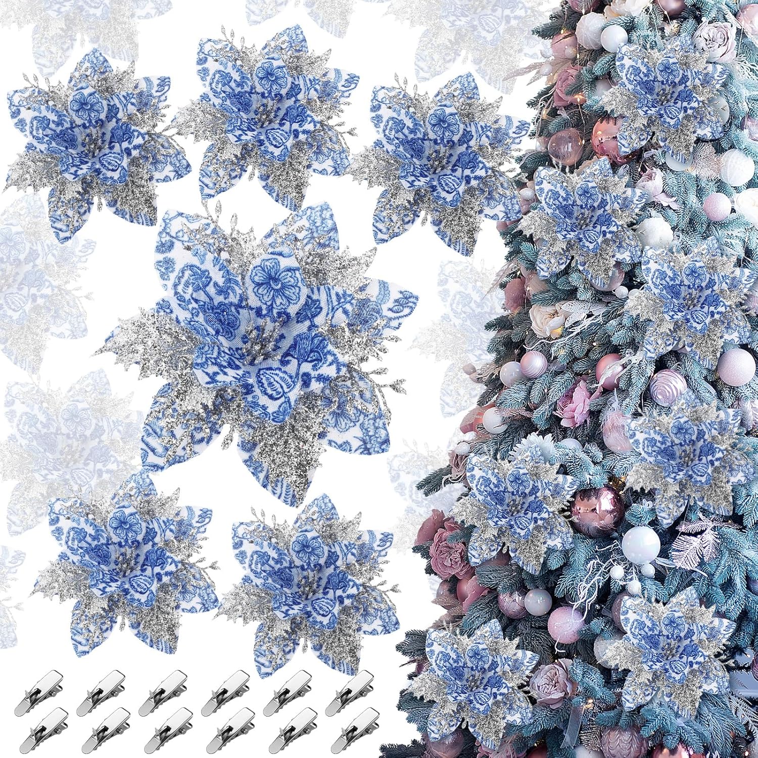 12 Pcs White And Blue Poinsettia Artificial Flowers Christmas With Clips Stems Chinoiserie Ornaments Xmas Tree Ornaments For Xmas Wedding Party Wreath Decoration, White And Blue