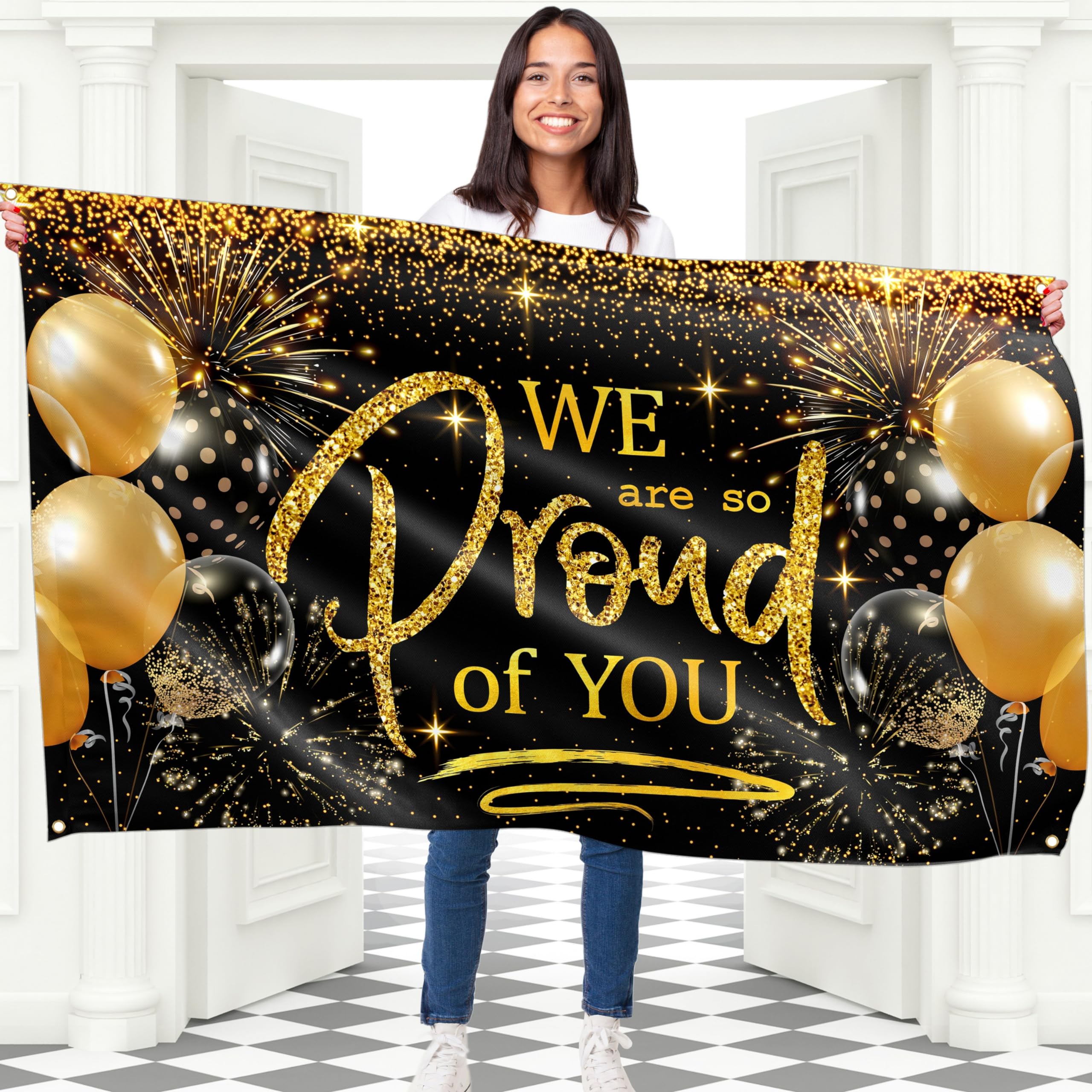 We are so Proud of You Banner - Congratulations Banner - Graduation Decorations for Prom - You Did It - Well Done - 5ft x 3ft (Black & Gold)