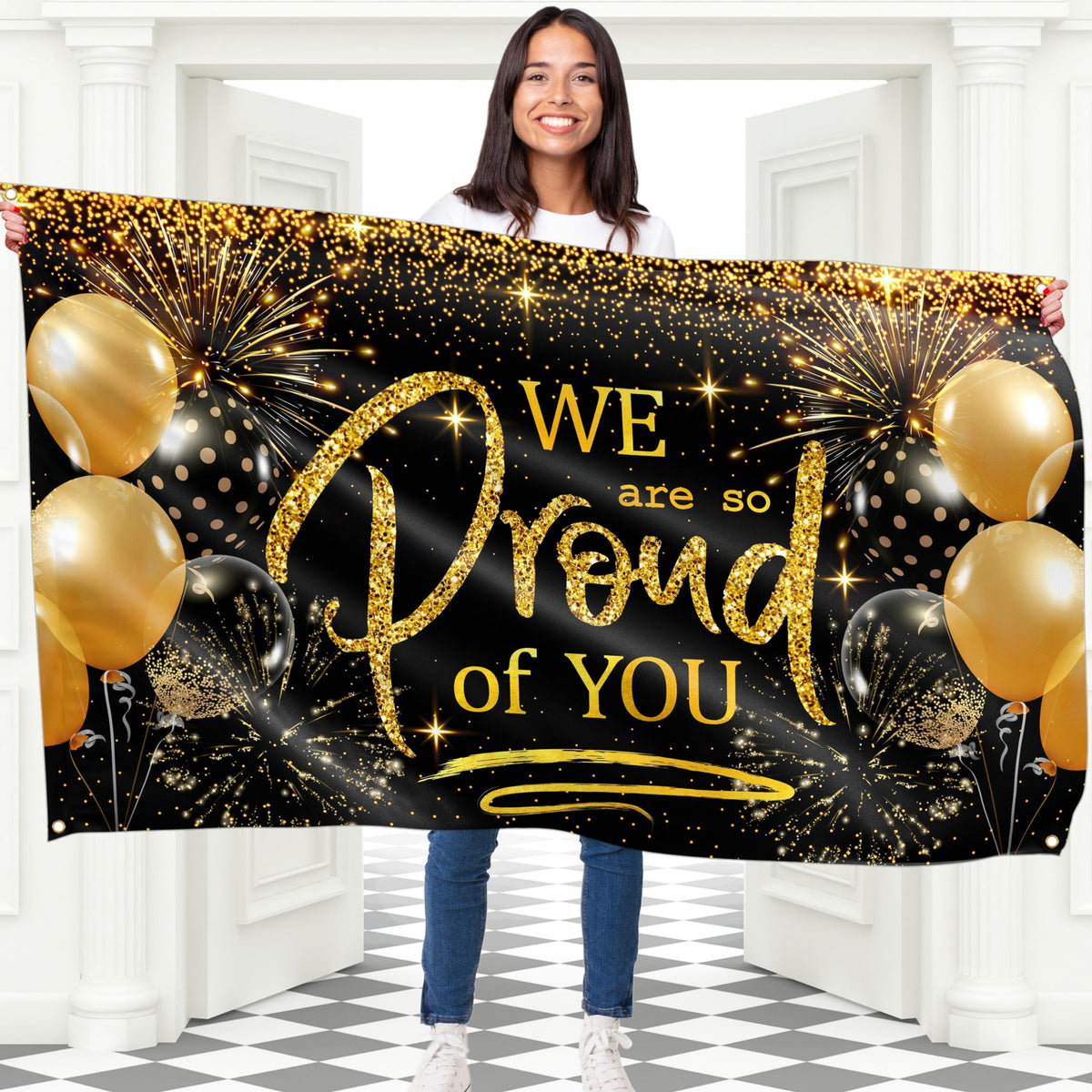 We are so Proud of You Banner - Congratulations Banner - Graduation Decorations for Prom - You Did It - Well Done - 5ft x 3ft (Black & Gold)