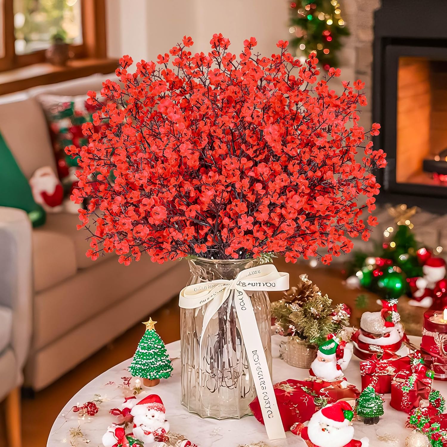 10Pcs Fake Christmas Flowers Artificial Red Baby Breath Artificial Flowers Real Silk Floral Arrangement Stems For Christmas Table Centerpieces Home Kitchen Mantle Porch Outdoor Decorations