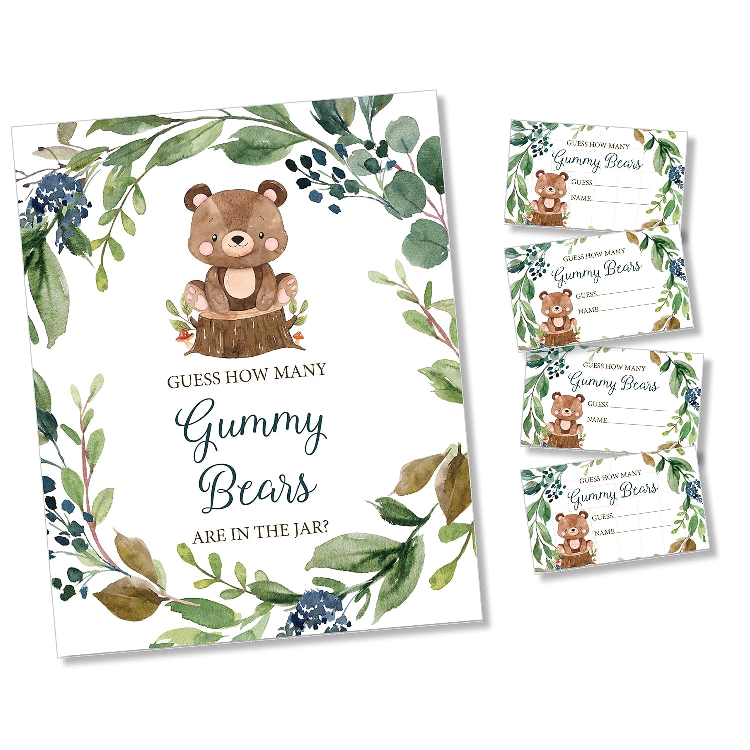 How Many Gummy Bears - Self Standing Sign - 50 Guess Cards - Greenery Woodland Baby Shower Birthday Party