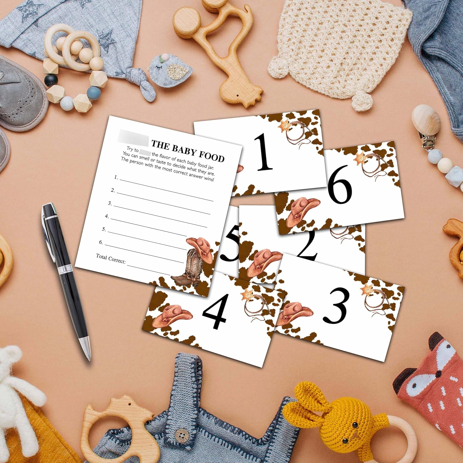 Find The Baby Food Party Games, Cowboy Baby Shower Game Set (1 Standing Sign + 20 Answer Cards + 6 Number Cards), Rustic Country Western Name The Baby Food Game, Baby Shower Favors Decorations(16)