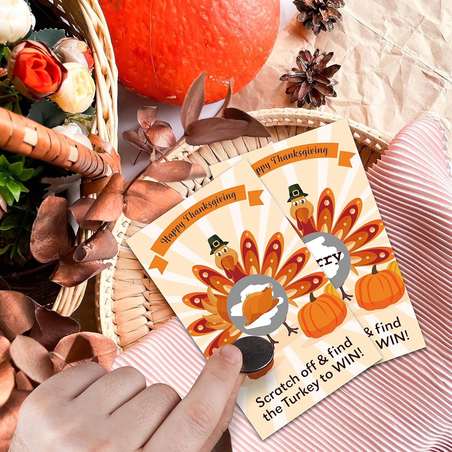 Thanksgiving Day Scratch Off Game Cards - Pumpkin & Turkey Design Fall Harvest Party Game - Halloween/Autumn Themed Party Activities & Supplies Decorations - 50 Pack(02)