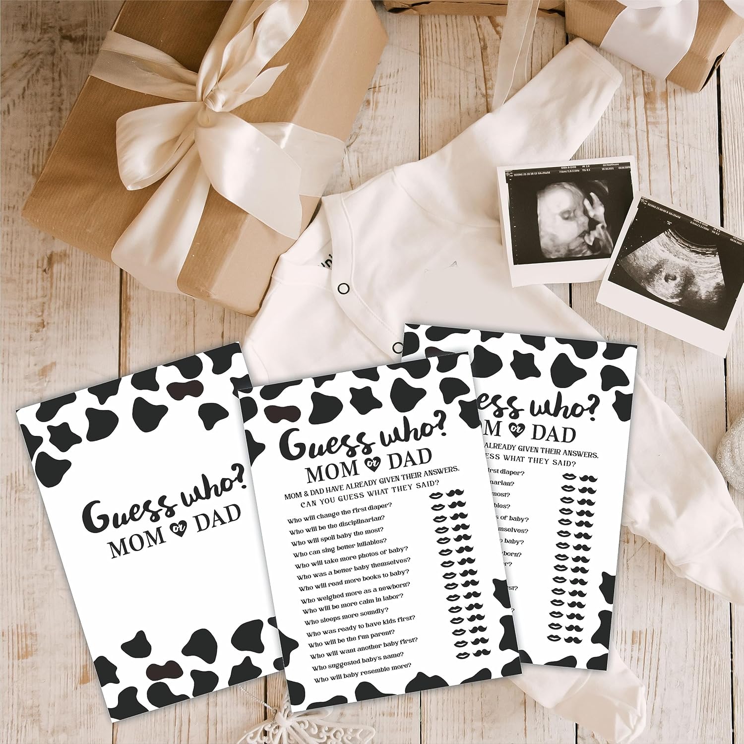 30 Cow Prints Guess Who Mom Or Dad Baby Shower Game, 5 X 7 Inches Double Sided Fill-In Game Cards For Boys Or Girls, Gender Neutral Party Favor & Supplies-(C03)