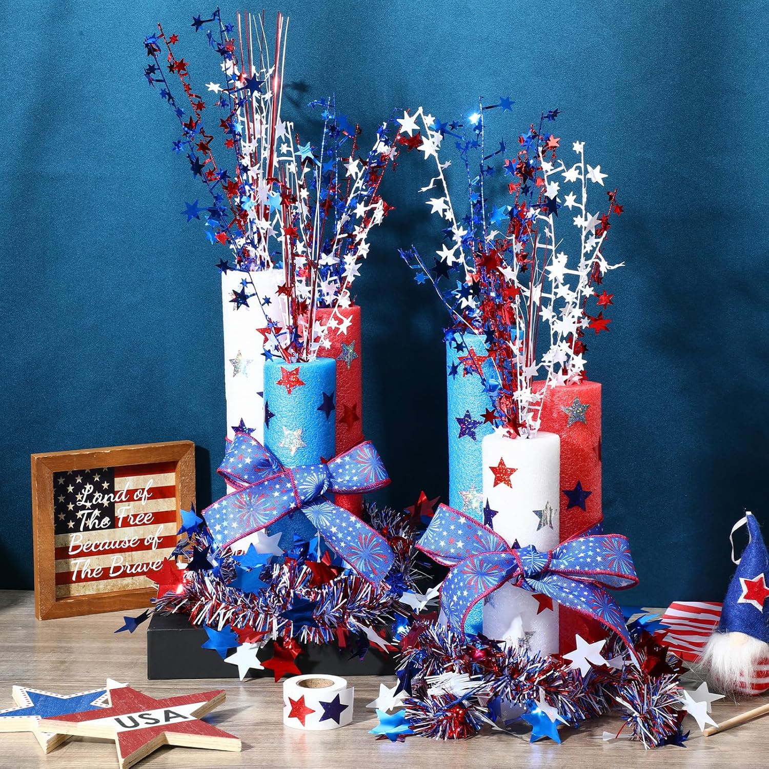 4Th Of July Foam Firecracker Diy Kits Patriotic Decorations Include Red White Blue Foam Noodles Stars Branches Sticker Ribbon Tinsel Garland For Independence Day Memorial Day Home Party Decor