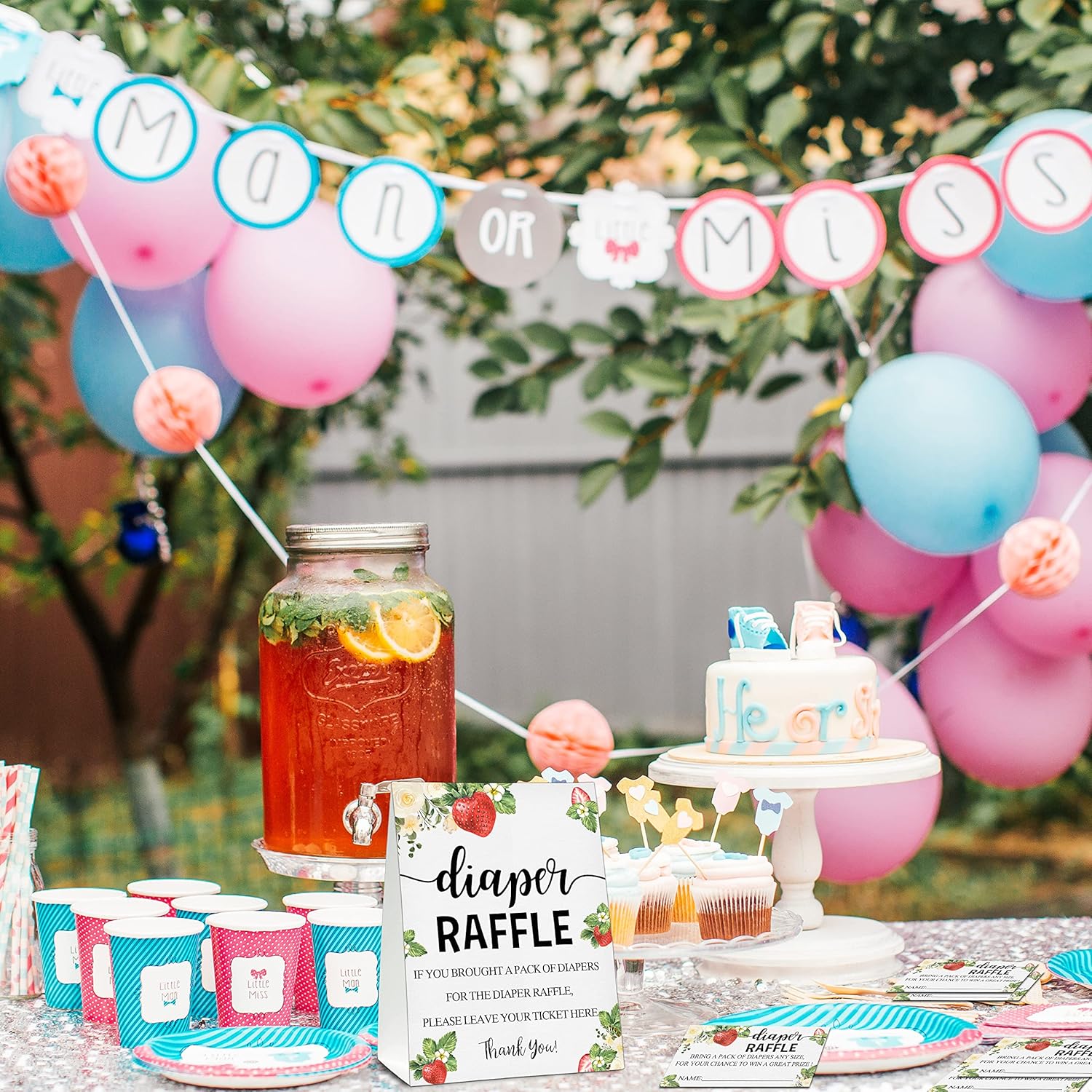Baby Shower Game Set, 50 Diaper Raffle Tickets With 1 Standing Sign, Berry Strawberry Gender Reveal Party Decorations Supplies - B74