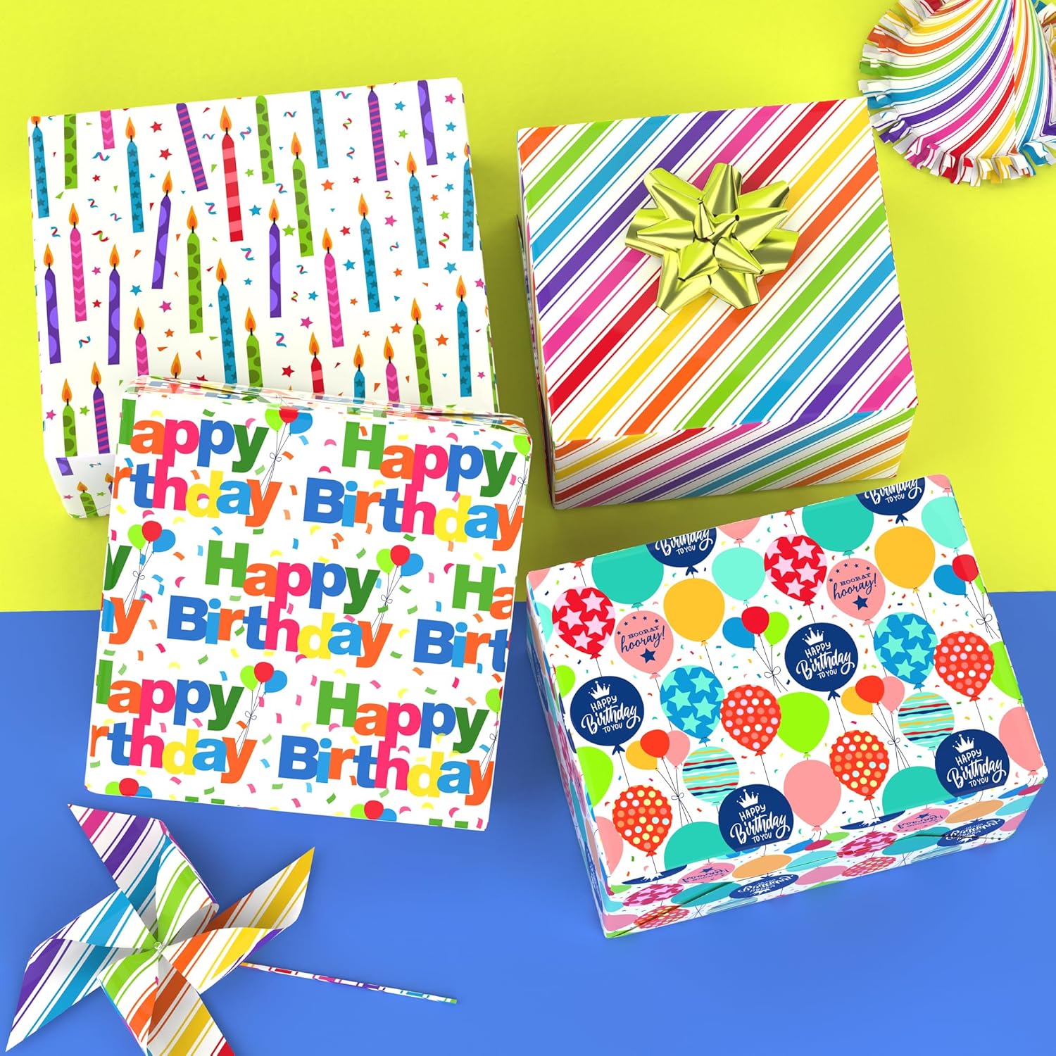 Birthday Wrapping Paper Sheet - 12 Sheets Folded Flat Gift Wrap With “Happy Birthday” Candles, Balloons, Colorful Stripes For Party, Baby Shower - 20 X 28 Inch Per Sheet