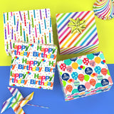 Birthday Wrapping Paper Sheet - 12 Sheets Folded Flat Gift Wrap With “Happy Birthday” Candles, Balloons, Colorful Stripes For Party, Baby Shower - 20 X 28 Inch Per Sheet