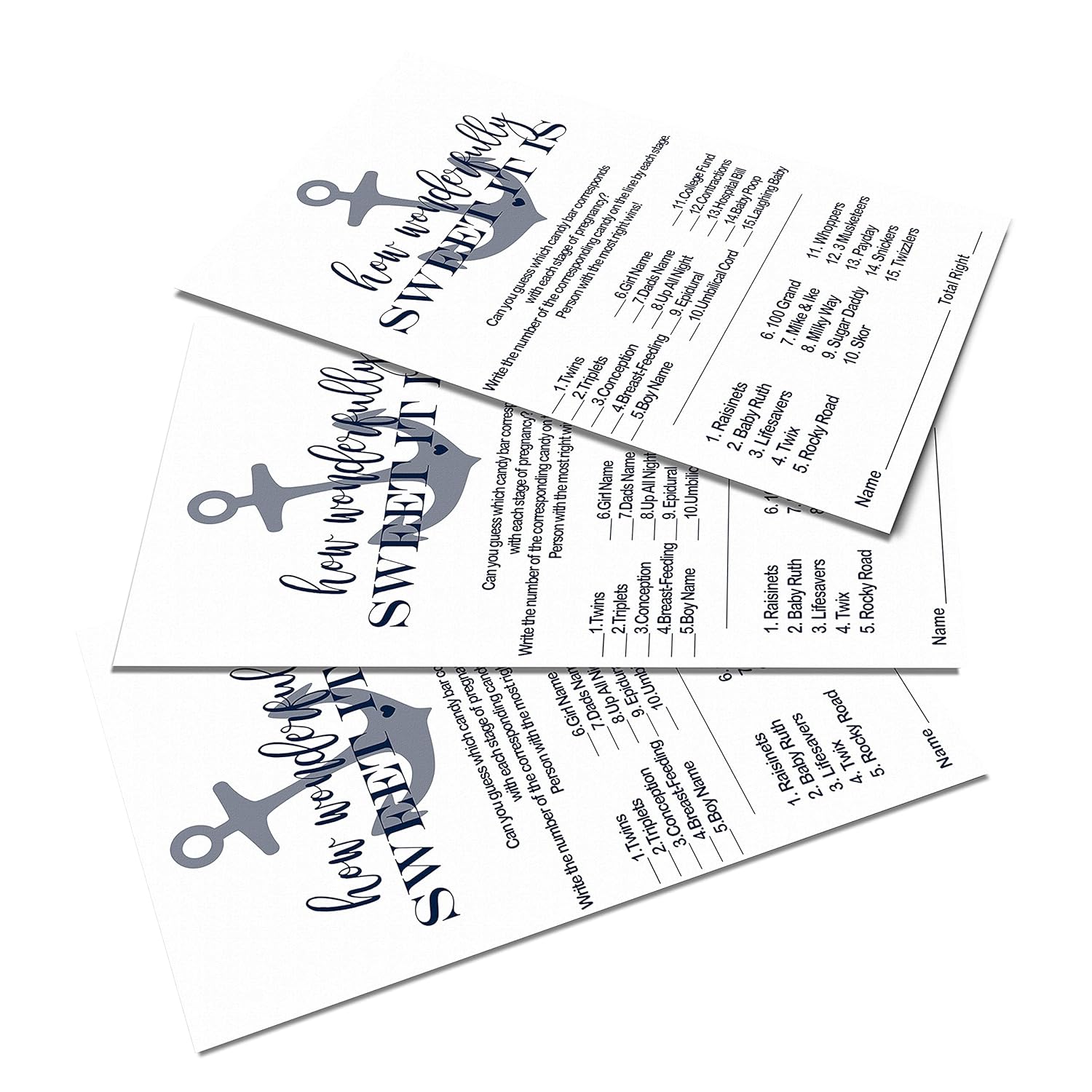 Nautical Baby Shower Candy Match Game - 25 Pack Of Ahoy Anchor Themed Cards - Boys Blue & Grey - 4X6