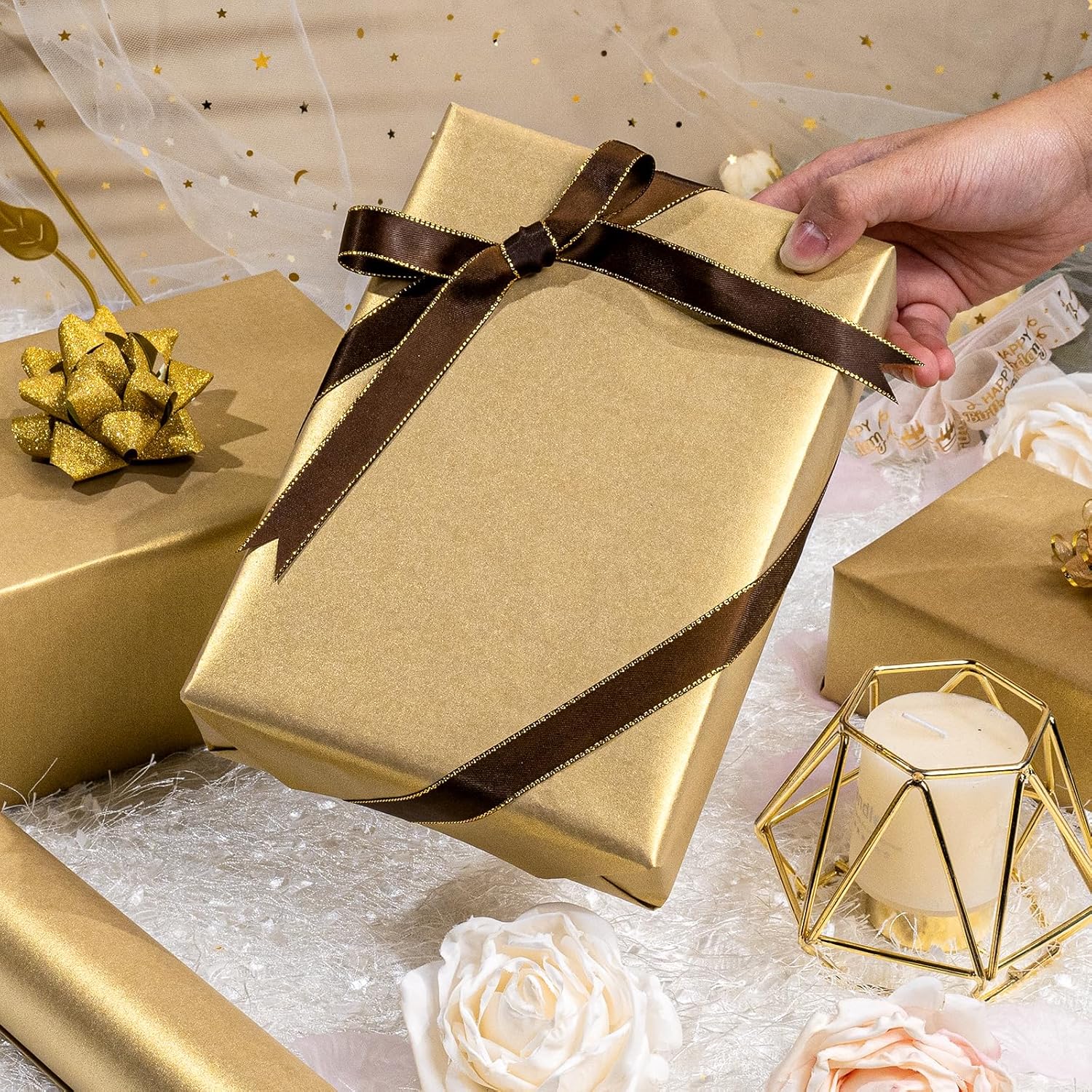 Shimmer Gold Wrapping Paper, Champagne Matte Wrapping Paper For Gifts, Solid Color Pearly-Lustre Gift Wrap Paper For Wedding, Valentine'S Day Birthday Baby Shower Christmas(17 Inch X 33 Feet)
