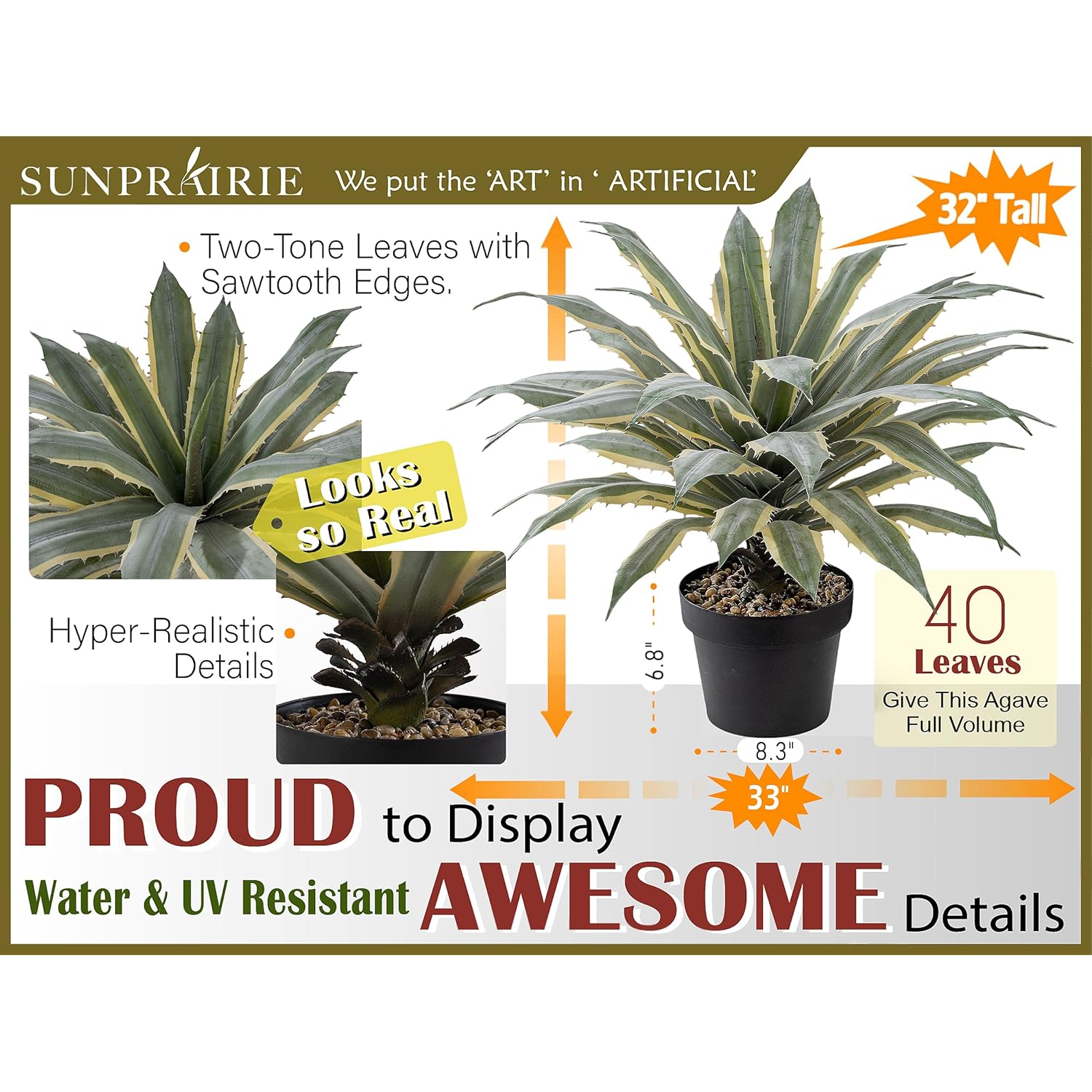 32 Inch Tall Large Faux Agave Plant With Two-Tone Sawtooth Edged Leaves; Planted In Black Pot With Real Stone Pebbles. Large Artificial Plants Indoor And Outdoor.