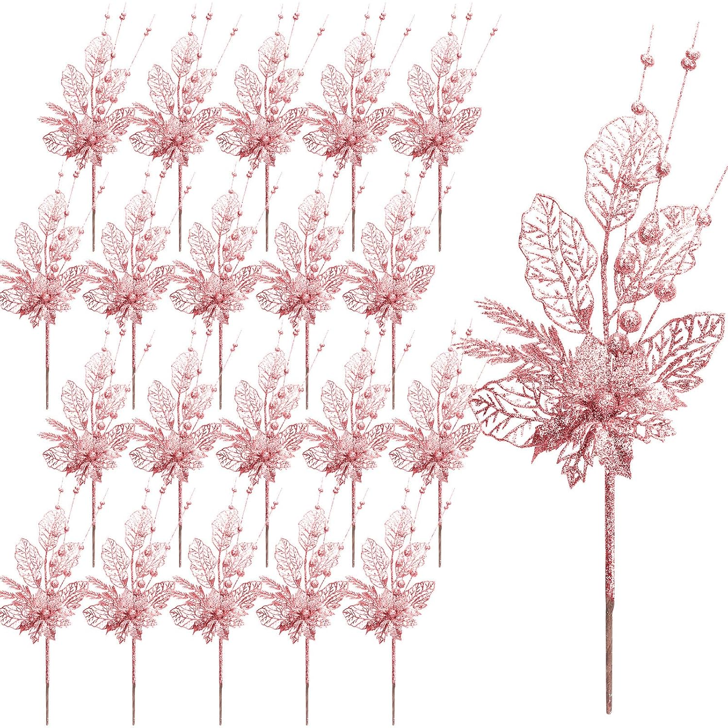 20 Pcs 16.5 Inch Rose Gold Artificial Glitters Christmas Picks Decoration Sprays With Flowers Berry Leaves Or Xmas Decor Wreaths Wreath Vase Fillers
