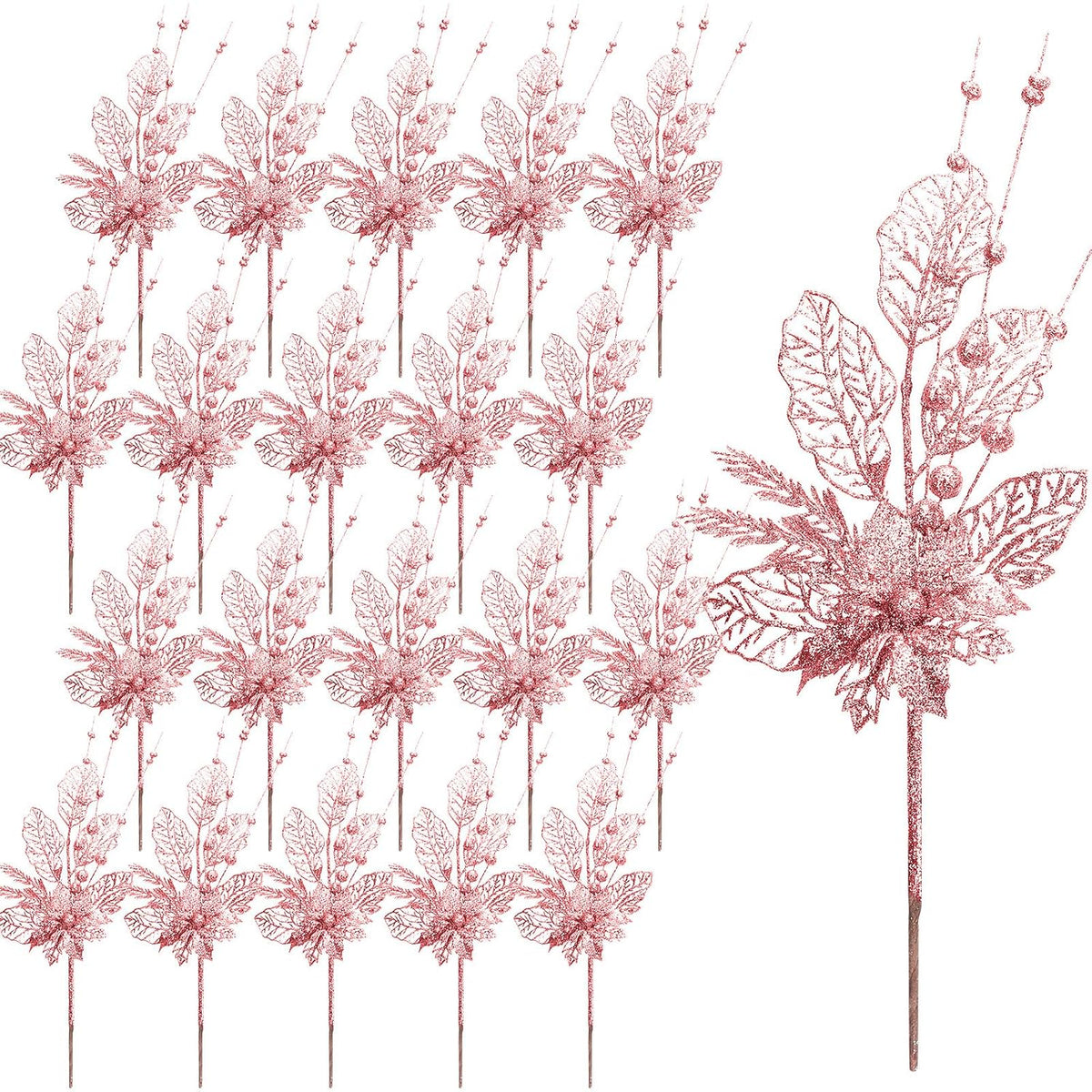 20 Pcs 16.5 Inch Rose Gold Artificial Glitters Christmas Picks Decoration Sprays With Flowers Berry Leaves Or Xmas Decor Wreaths Wreath Vase Fillers