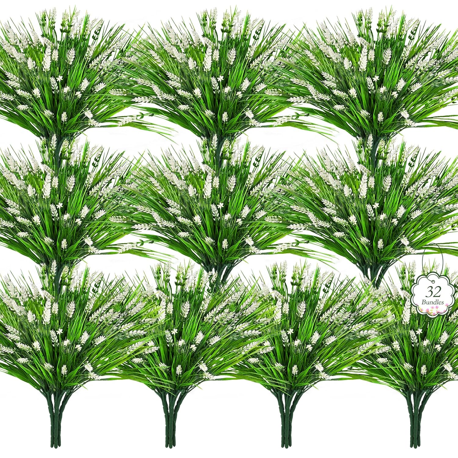 32 Bundles Artificial Lavender Plants Outdoor - Faux Lavender With Monkey Grass Uv Resistant Fake Flowers For Garden Patio Window Hanging Baskets Decor Planter Pathway Front Porch(White)