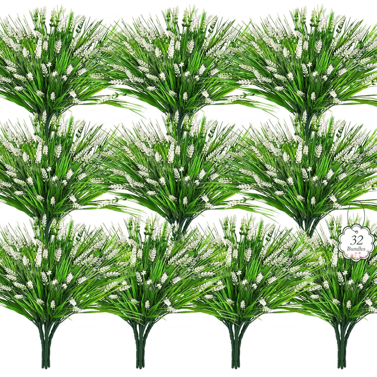 32 Bundles Artificial Lavender Plants Outdoor - Faux Lavender With Monkey Grass Uv Resistant Fake Flowers For Garden Patio Window Hanging Baskets Decor Planter Pathway Front Porch(White)