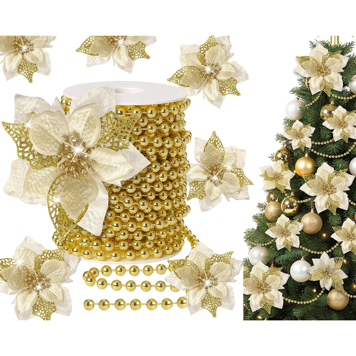 36 Pcs Christmas Glitter Poinsettia Flowers Artificial Flower Ornaments Faux Poinsettia Flower With Clips And Artificial Pearls For Christmas Decoration Holiday Party Decor(Gold)