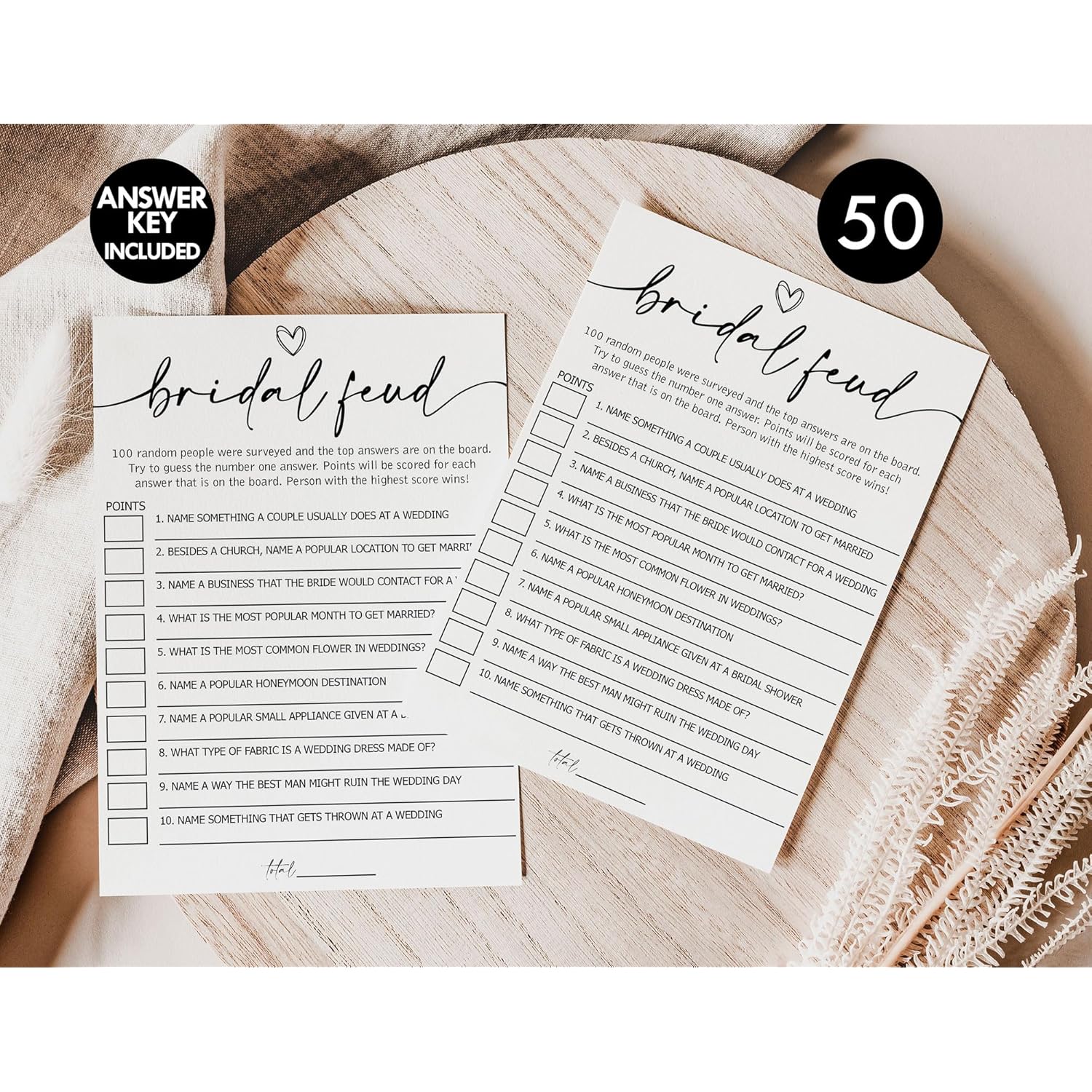 50 Bridal Family Feud (50-Cards) Fun Wedding Shower Decorations Engagement Party Rehearsal Dinner Game Activity, Minimalist Script
