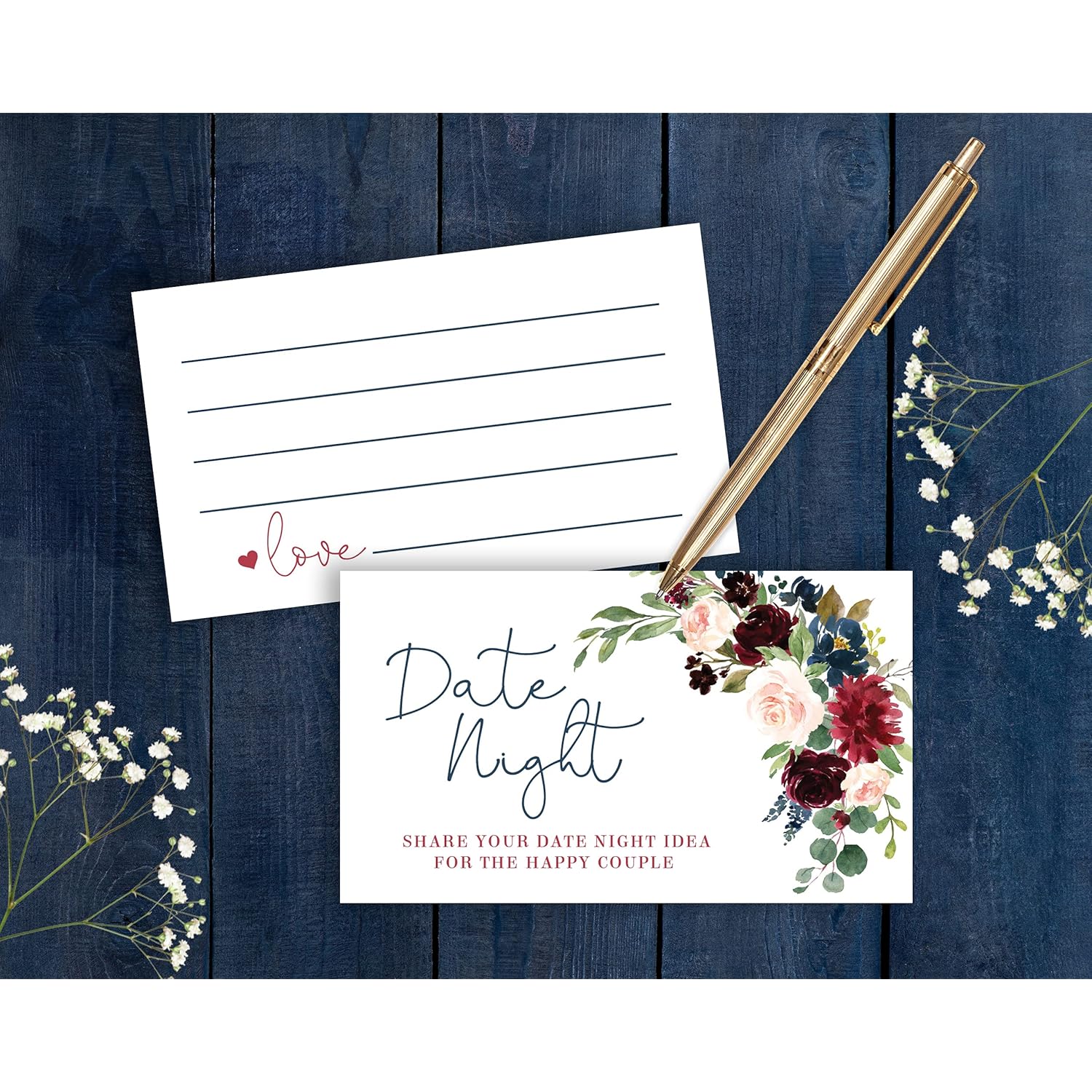 Burgundy And Navy Floral Date Night Game Sign And Cards - Great For Bridal Showers And Weddings - 1 Self-Standing Sign And 50 Guessing Cards