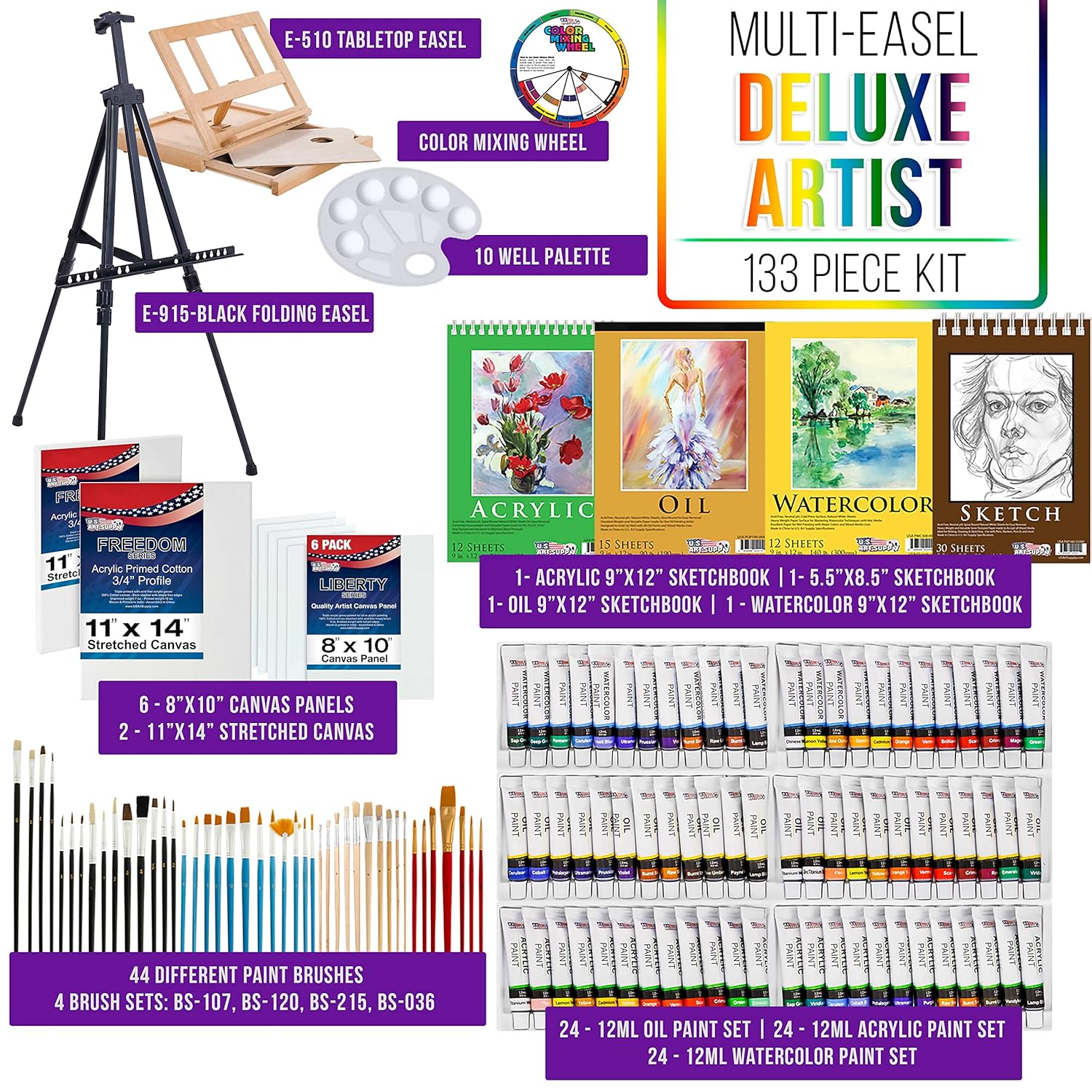 133-Piece Artist Painting Kit - Aluminum & Wood Easel, 24 Each (Acrylic, Oil, Watercolor Paints), 8 Canvases, 44 Brushes, 4 Paint & Sketch Pads - Painting Kits For Adults, Gift Set