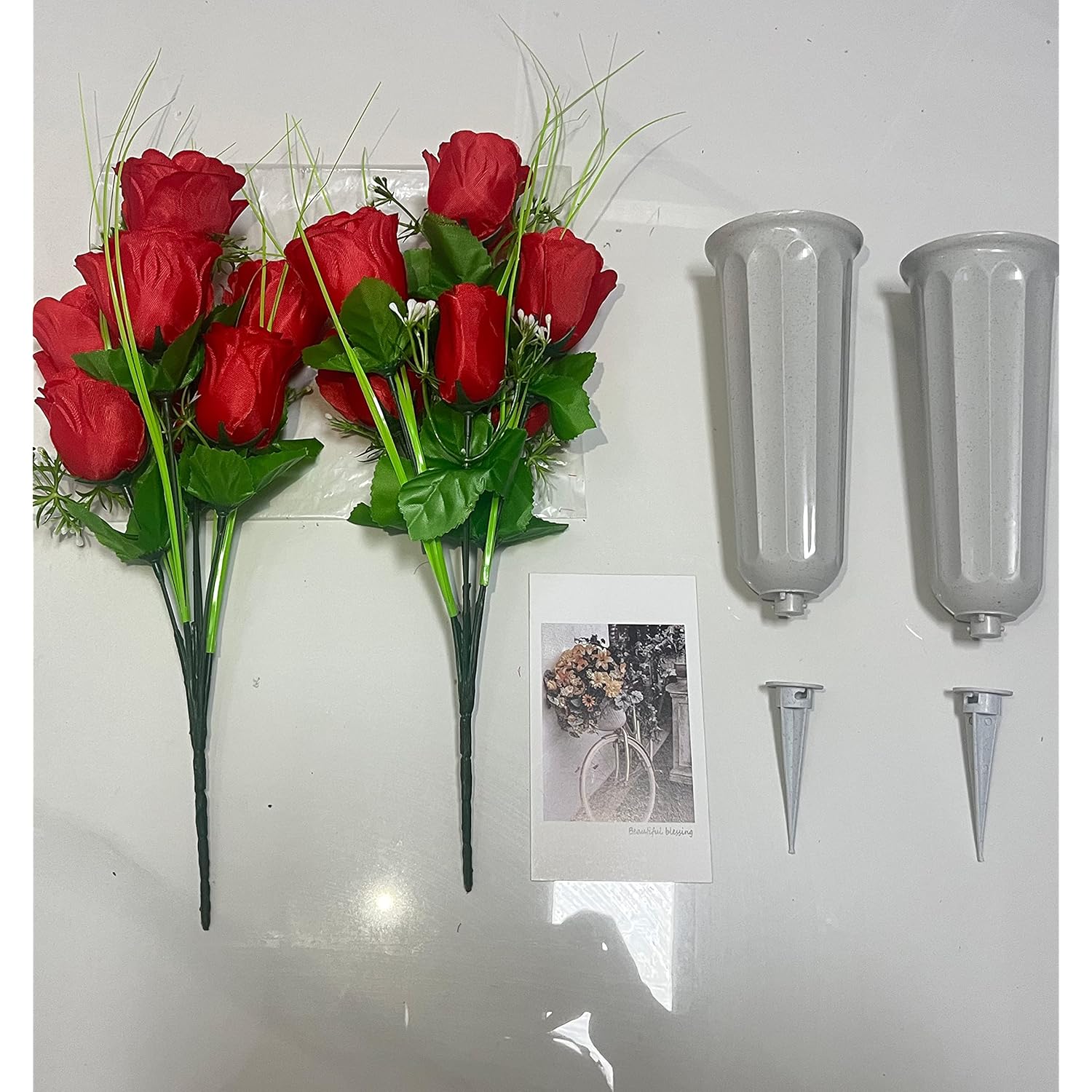 2-Pack Artificial Memorial Flowers With Vases - Beautiful Cemetery Decorations For Grave (Red)