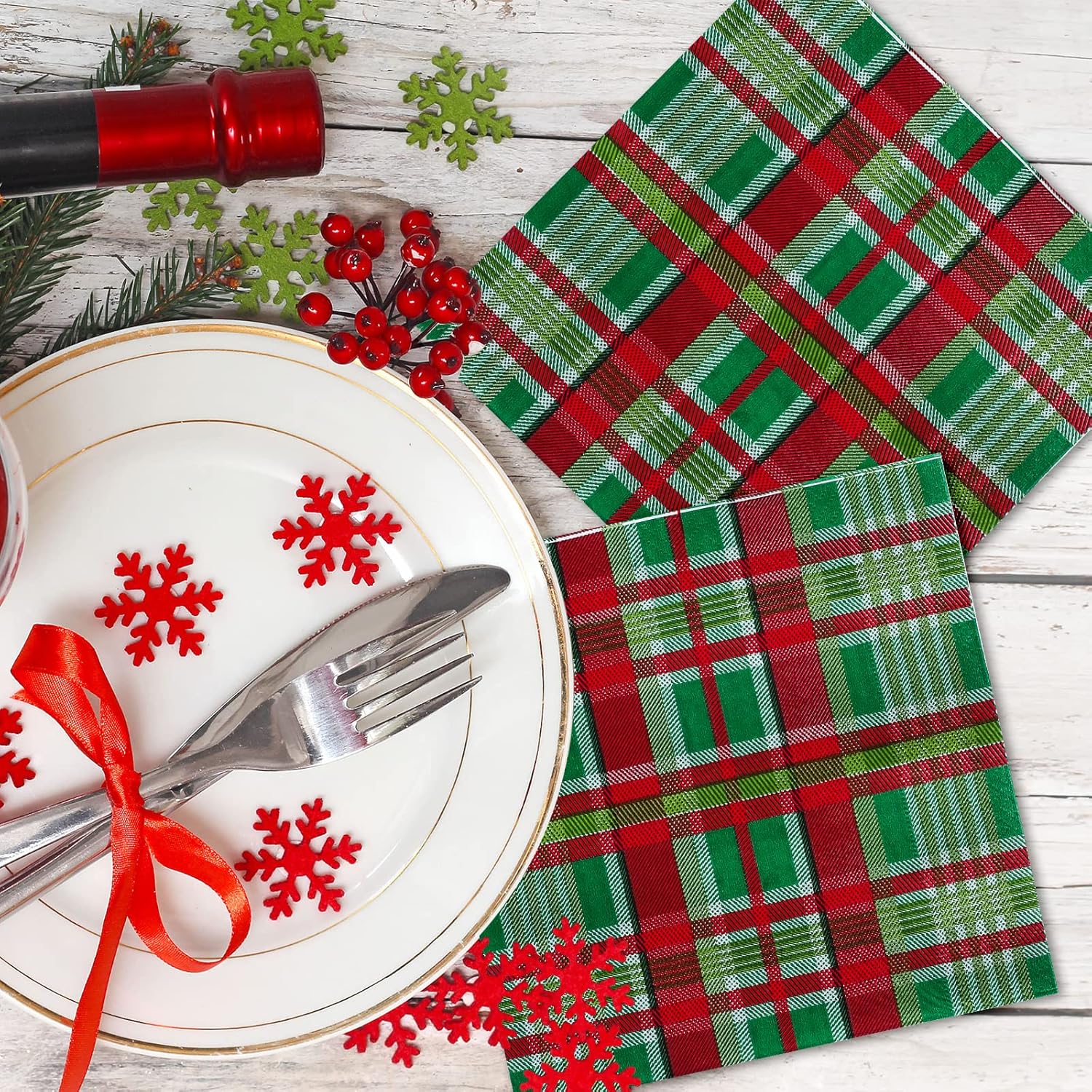 100 Pack Christmas Paper Napkins Buffalo Plaid Pattern Disposable Napkins Christmas Red Green Checkered Decorative Napkins For Christmas Holiday Dinner Party Supplies, 6.5 X 6.5 Inch